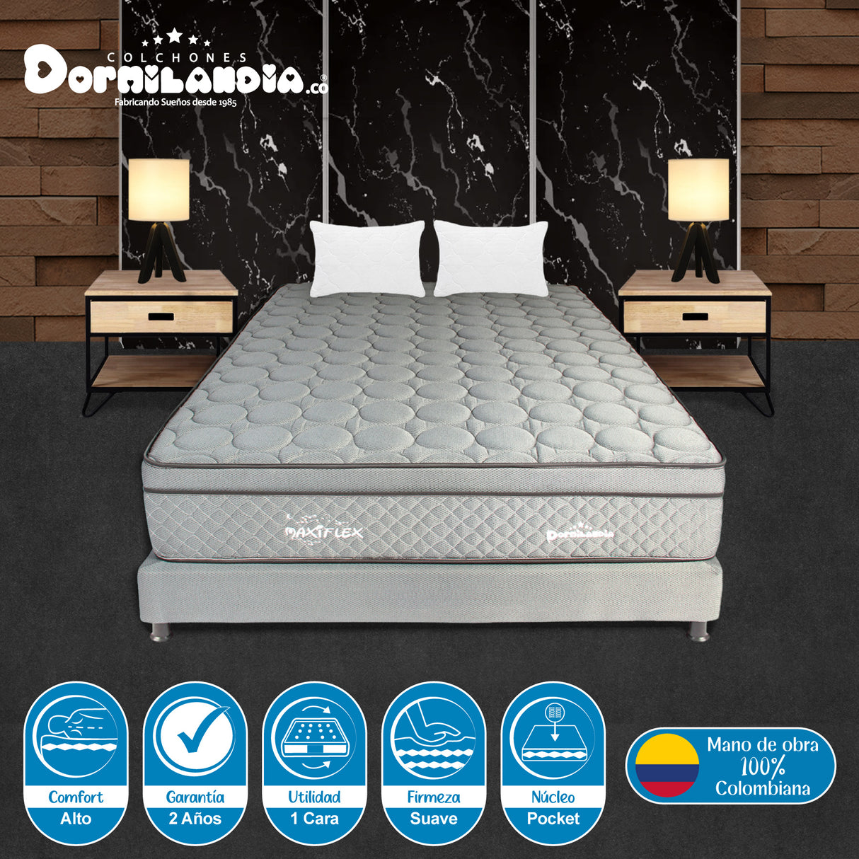 Combo Base Cama y Colchón Maxiflex Gris King 200 X 200 Cm Firmeza Suave - COLCHONES | Bylmo