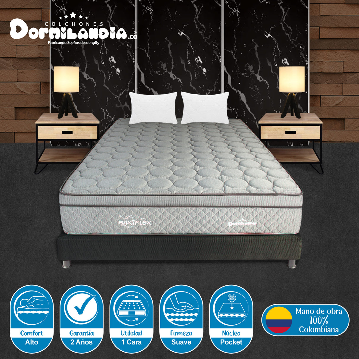 Combo Base Cama y Colchón Maxiflex Gris y Negro Doble 140 X 190 Cm Firmeza Suave - COLCHONES | Bylmo
