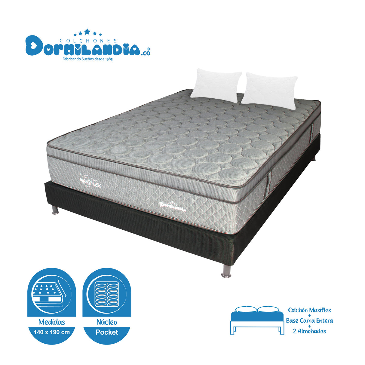 Combo Base Cama y Colchón Maxiflex Gris y Negro Doble 140 X 190 Cm Firmeza Suave - COLCHONES | Bylmo