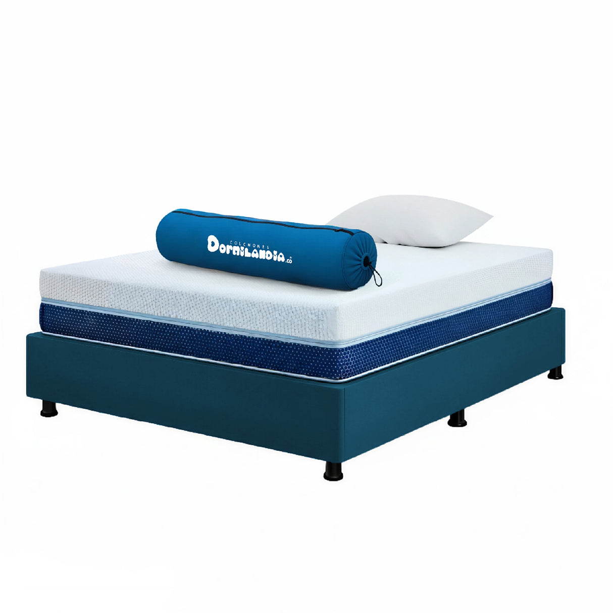 Combo Base Cama y Colchón Enrollado Multisleep Blanco y Azul Sencillo 100 X 190 Cm Firmeza Medio Doble Faz