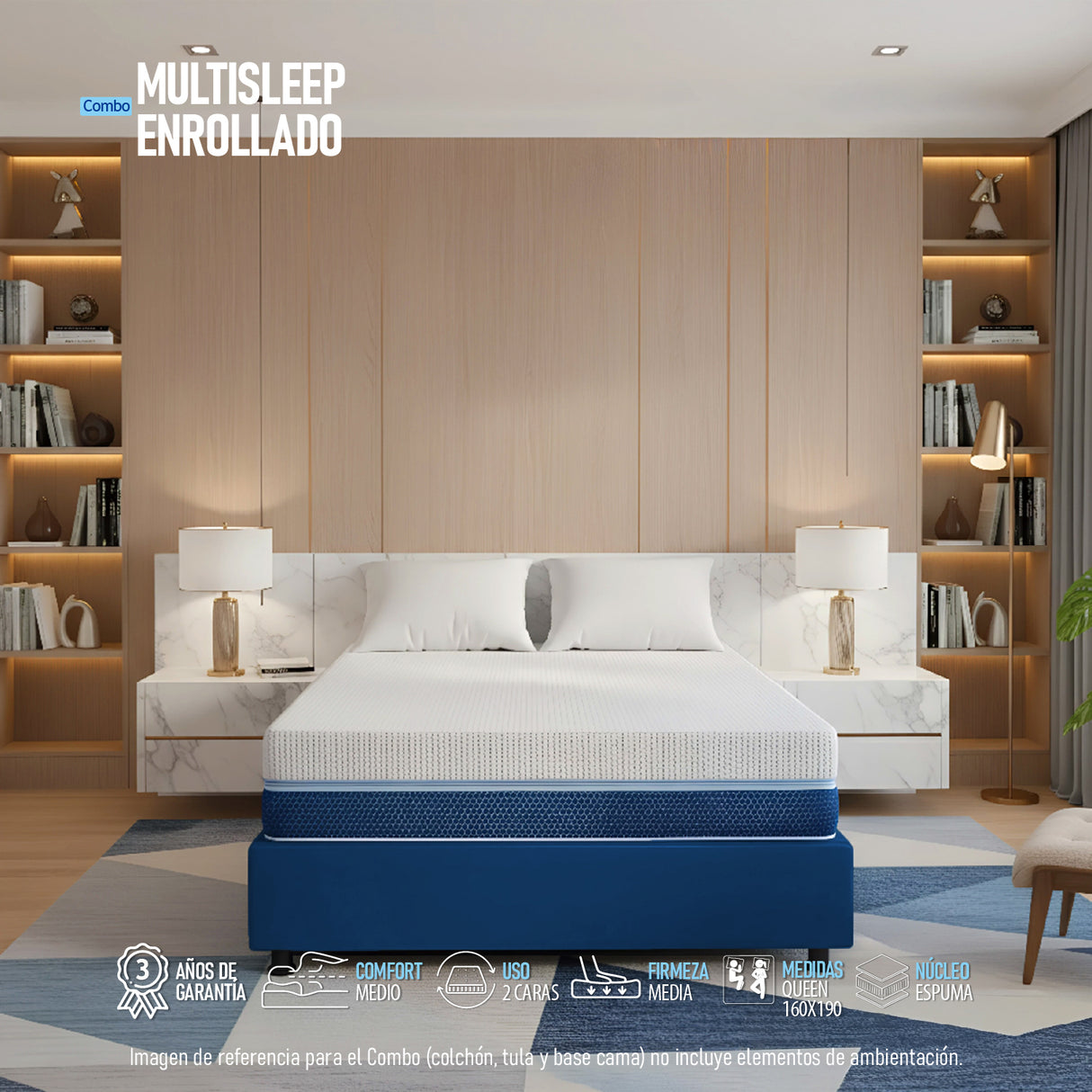 Combo Base Cama y Colchón Multisleep Blanco y Azul Queen 160 X 190 Cm Firmeza Medio Doble Faz - COLCHONES | Bylmo