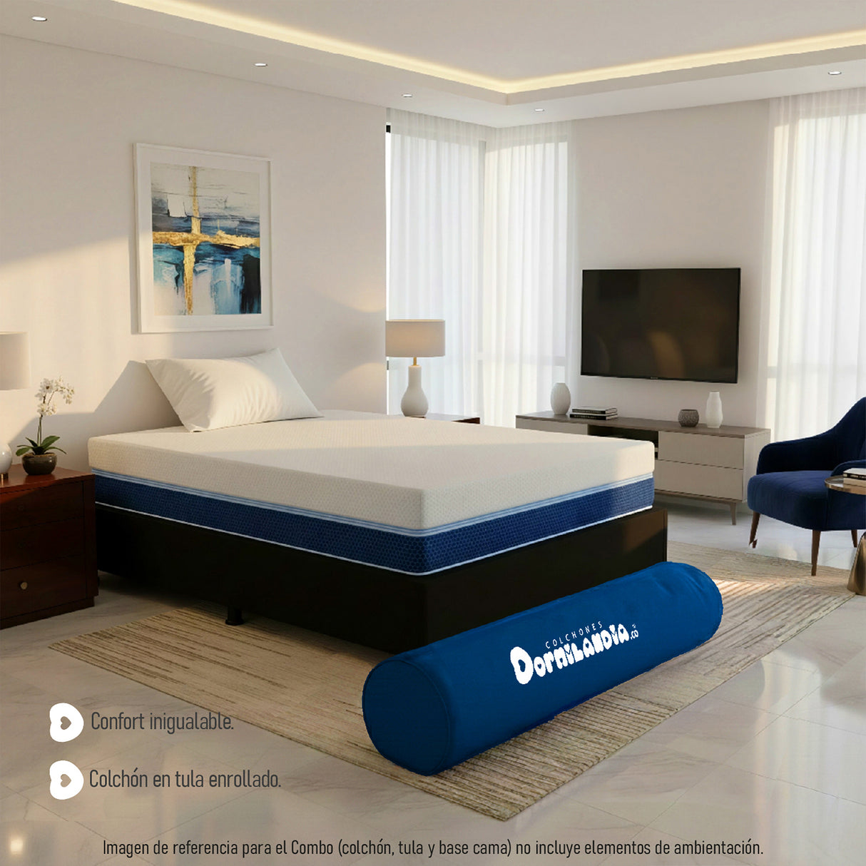 Combo Base Cama y Colchón Enrollado Multisleep Blanco y Negro Sencillo 100 X 190 Cm Firmeza Medio Doble Faz
