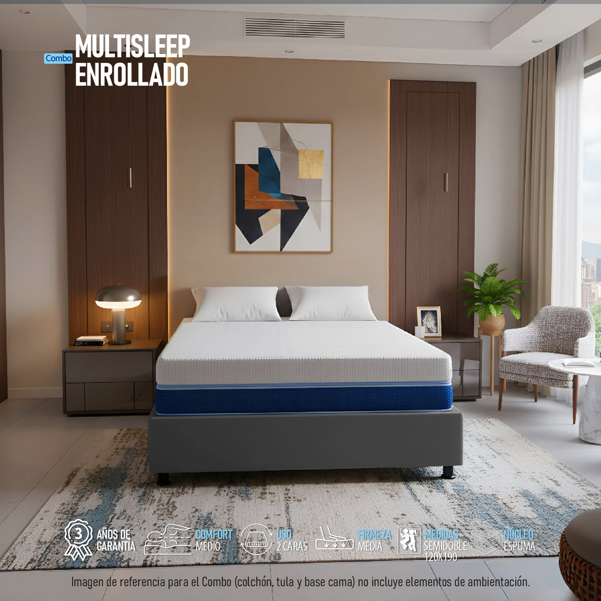 Combo Base Cama y Colchón Multisleep Blanco y Gris Semidoble 120 X 190 Cm Firmeza Medio Doble Faz - COLCHONES | Bylmo