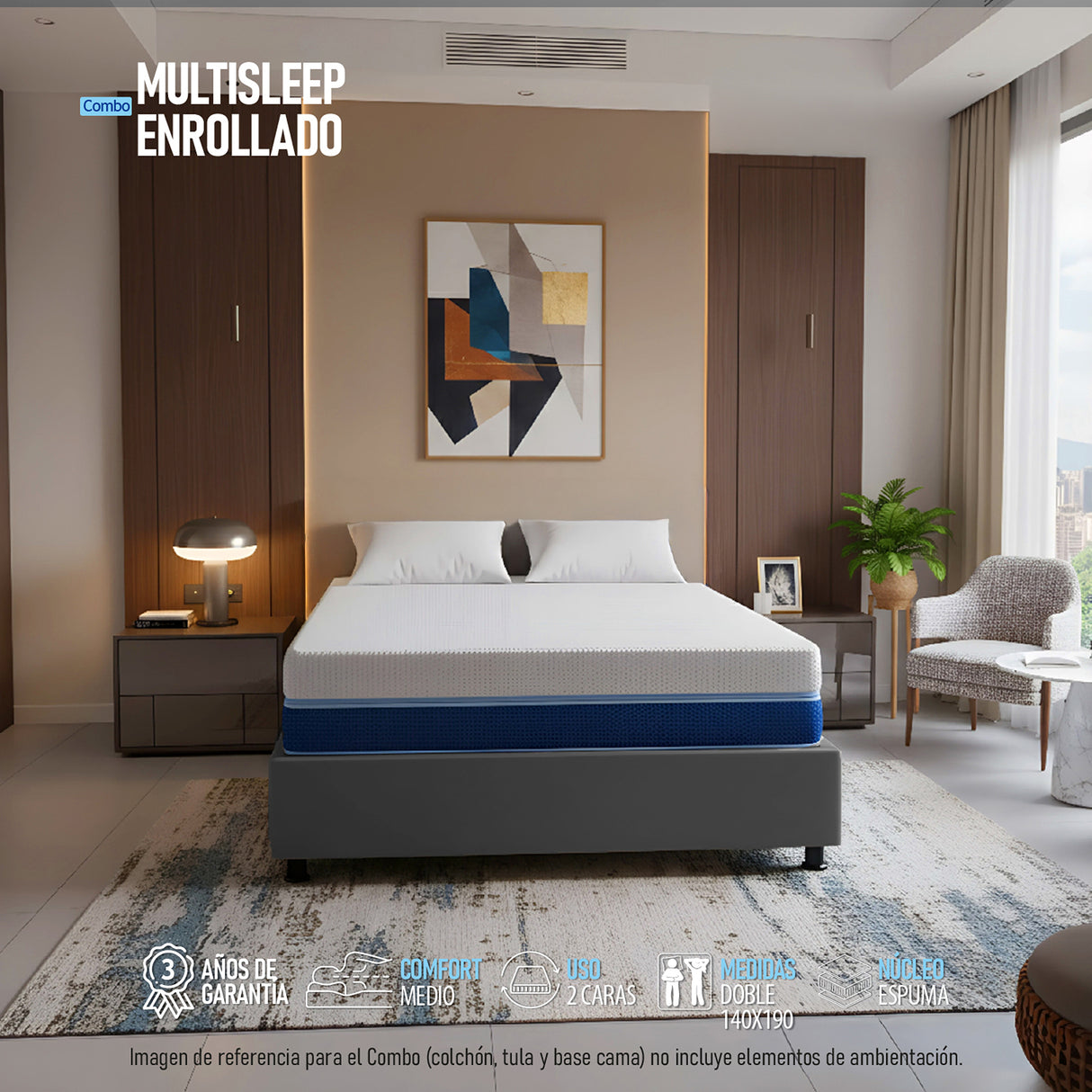 Combo Base Cama y Colchón Enrollado Multisleep Blanco y Gris Doble 140 X 190 Cm Firmeza Medio Doble Faz