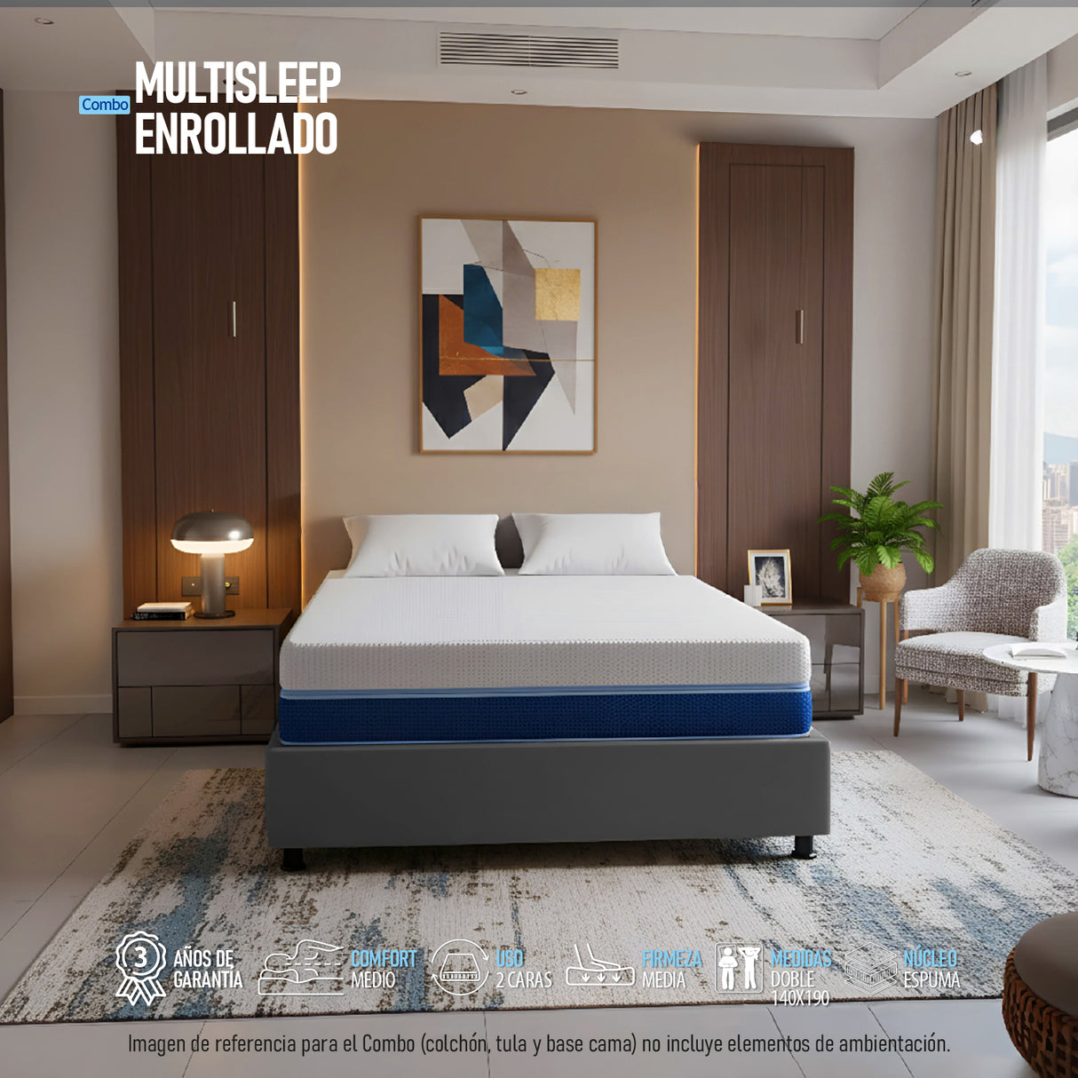 Combo Base Cama y Colchón Multisleep Blanco y Gris Doble 140 X 190 Cm Firmeza Medio Doble Faz - COLCHONES | Bylmo