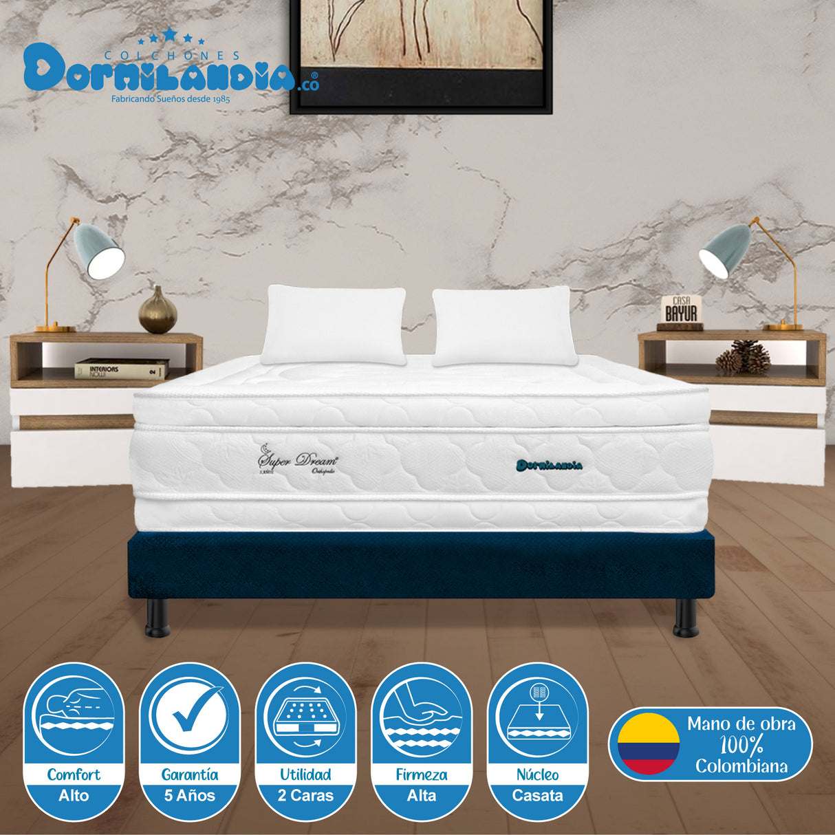 Combo Base Cama y Colchón Super Dream Blanco y Azul Semidoble 120 X 190 Cm Firmeza Firme Doble Faz - COLCHONES | Bylmo