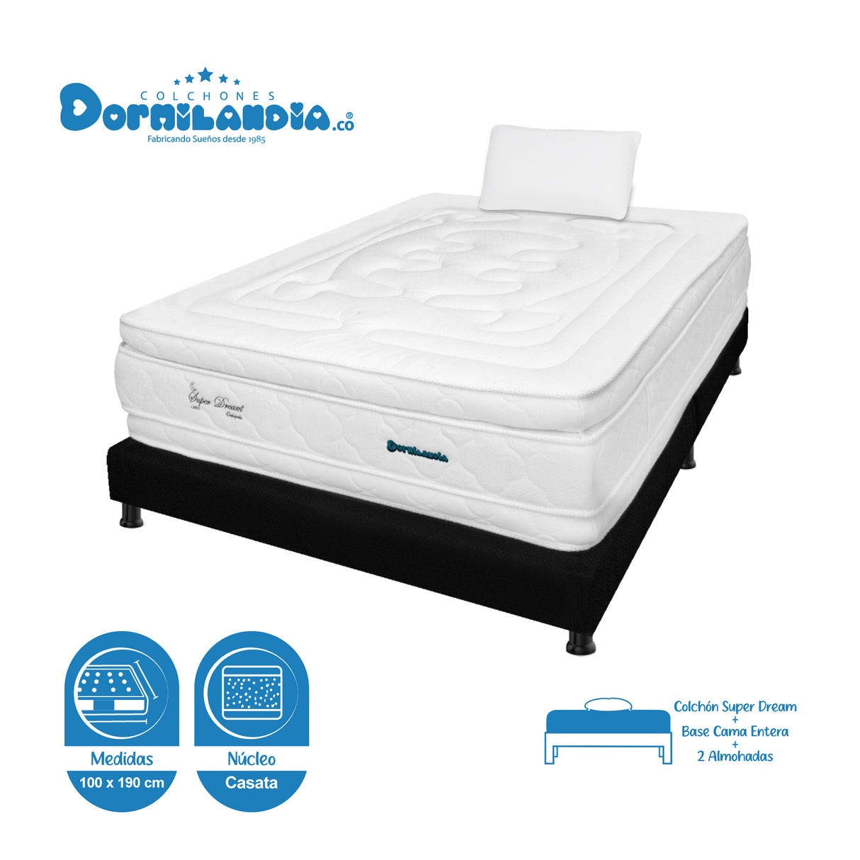 Combo Base Cama y Colchón Super Dream Blanco y Negro Sencillo 100 X 190 Cm Firmeza Firme Doble Faz - COLCHONES | Bylmo
