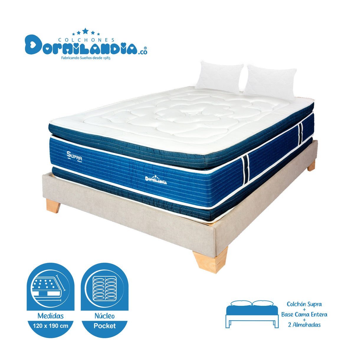 Combo Base Cama y Colchón Supra Azul y Arena Semidoble 120 X 190 Cm Firmeza Medio Doble Faz - COLCHONES | Bylmo