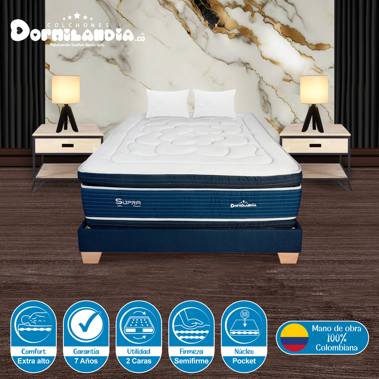 Combo Base Cama y Colchón Supra Azul Semidoble 120 X 190 Cm Firmeza Medio Doble Faz - COLCHONES | Bylmo