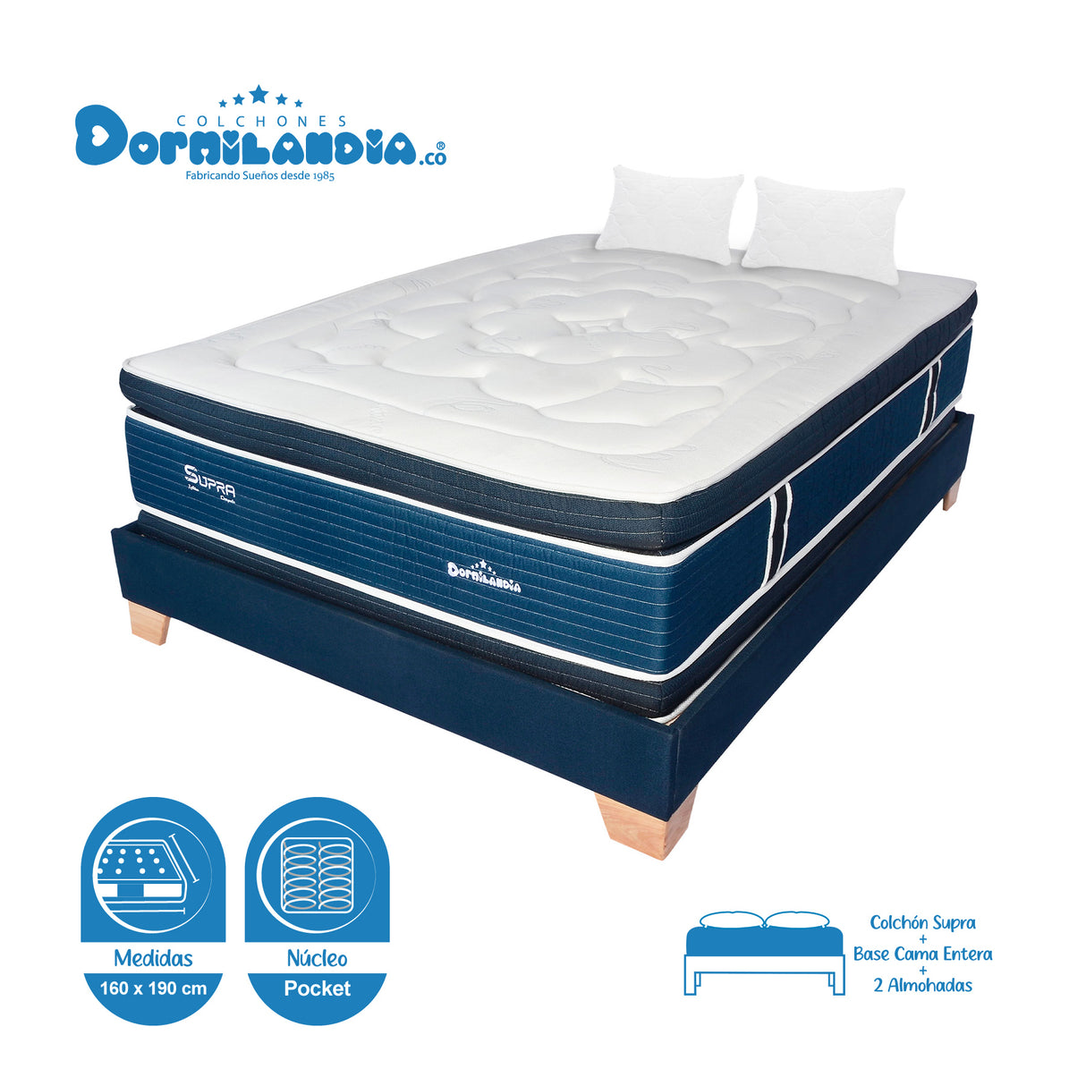 Combo Base Cama y Colchón Supra Azul Queen 160 X 190 Cm Firmeza Medio Doble Faz - COLCHONES | Bylmo