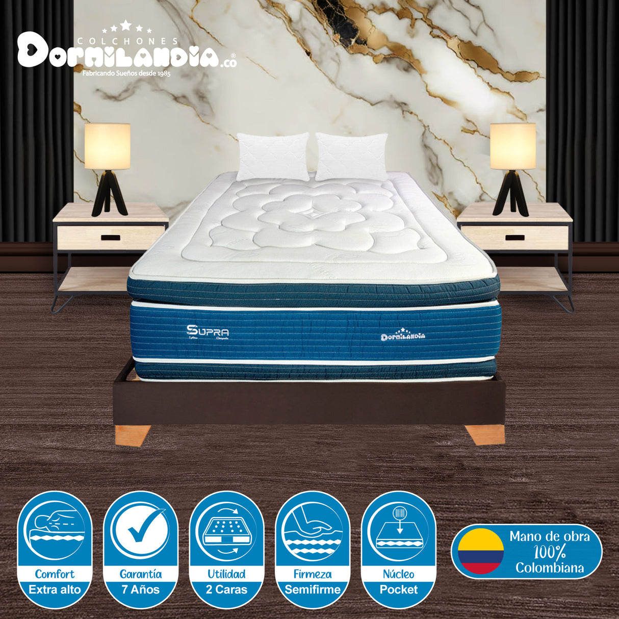 Combo Base Cama y Colchón Supra Azul y Cafe Doble 140 X 190 Cm Firmeza Medio Doble Faz - COLCHONES | Bylmo