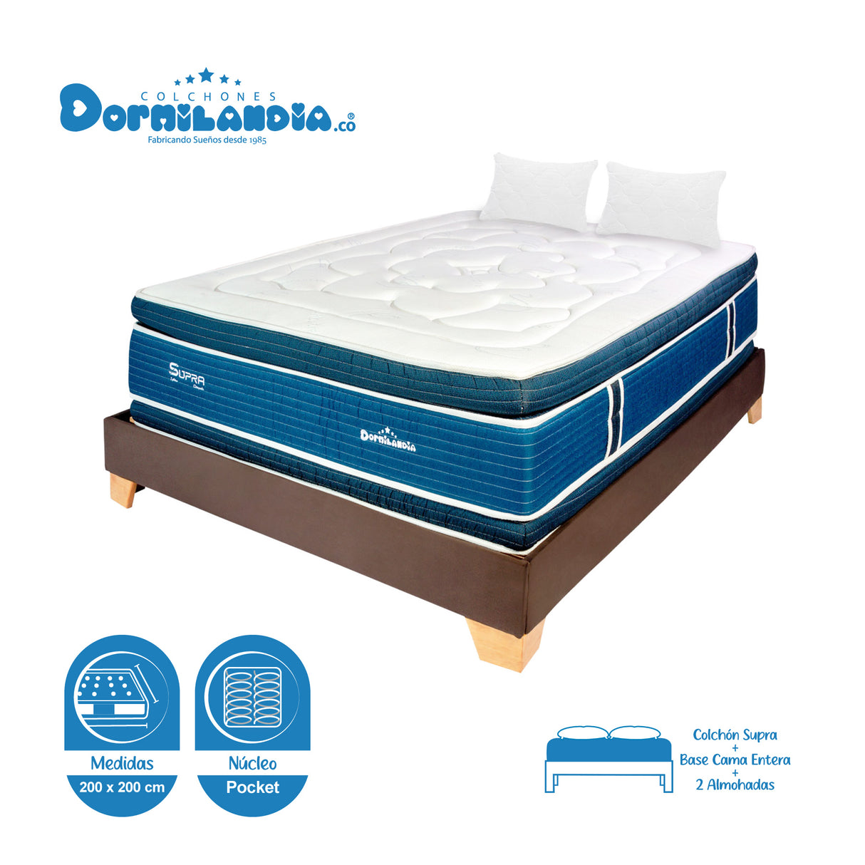 Combo Base Cama y Colchón Supra Azul y Cafe King 200 X 200 Cm Firmeza Medio Doble Faz - COLCHONES | Bylmo
