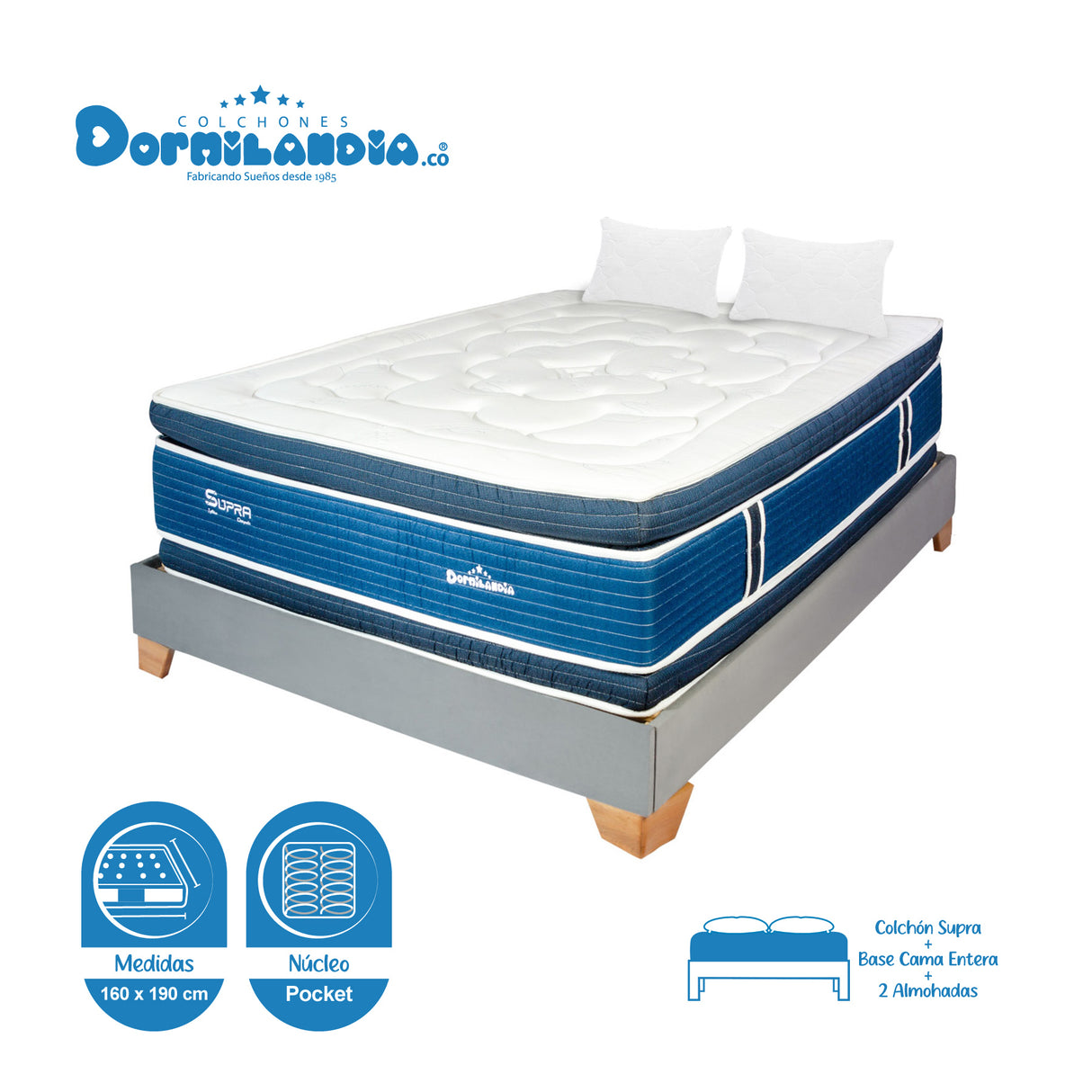 Combo Base Cama y Colchón Supra Azul y Gris Queen 160 X 190 Cm Firmeza Medio Doble Faz - COLCHONES | Bylmo