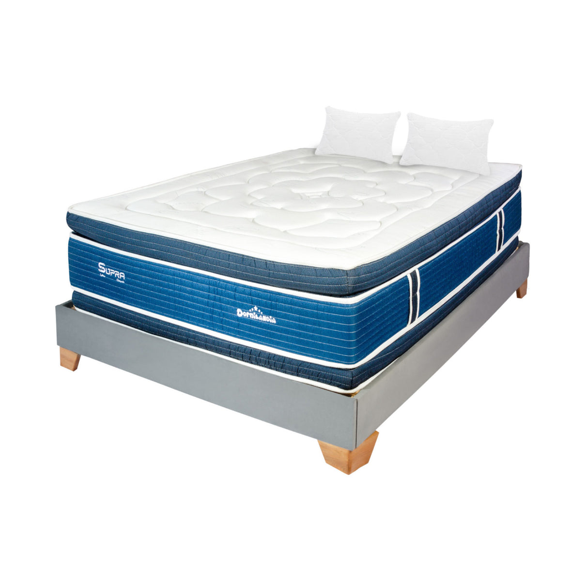 Combo Base Cama y Colchón Supra Azul y Gris King 200 X 200 Cm Firmeza Medio Doble Faz - COLCHONES | Bylmo