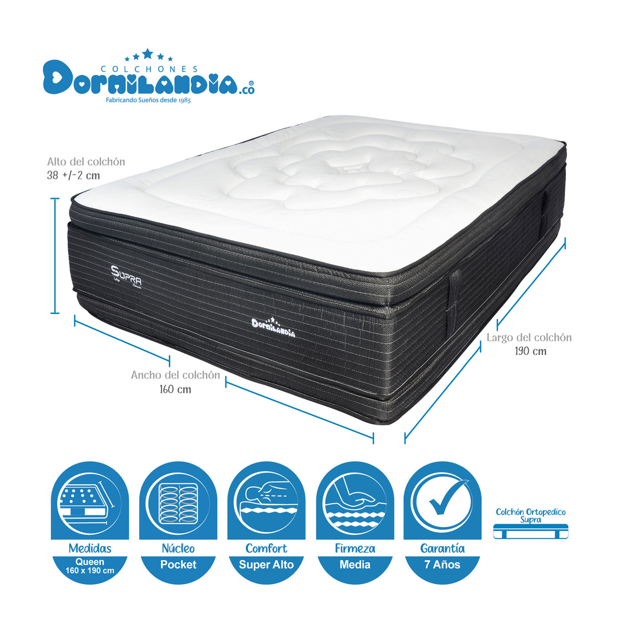 Combo Base Cama y Colchón Supra Negro Queen 160 X 190 Cm Firmeza Medio Doble Faz - COLCHONES | Bylmo
