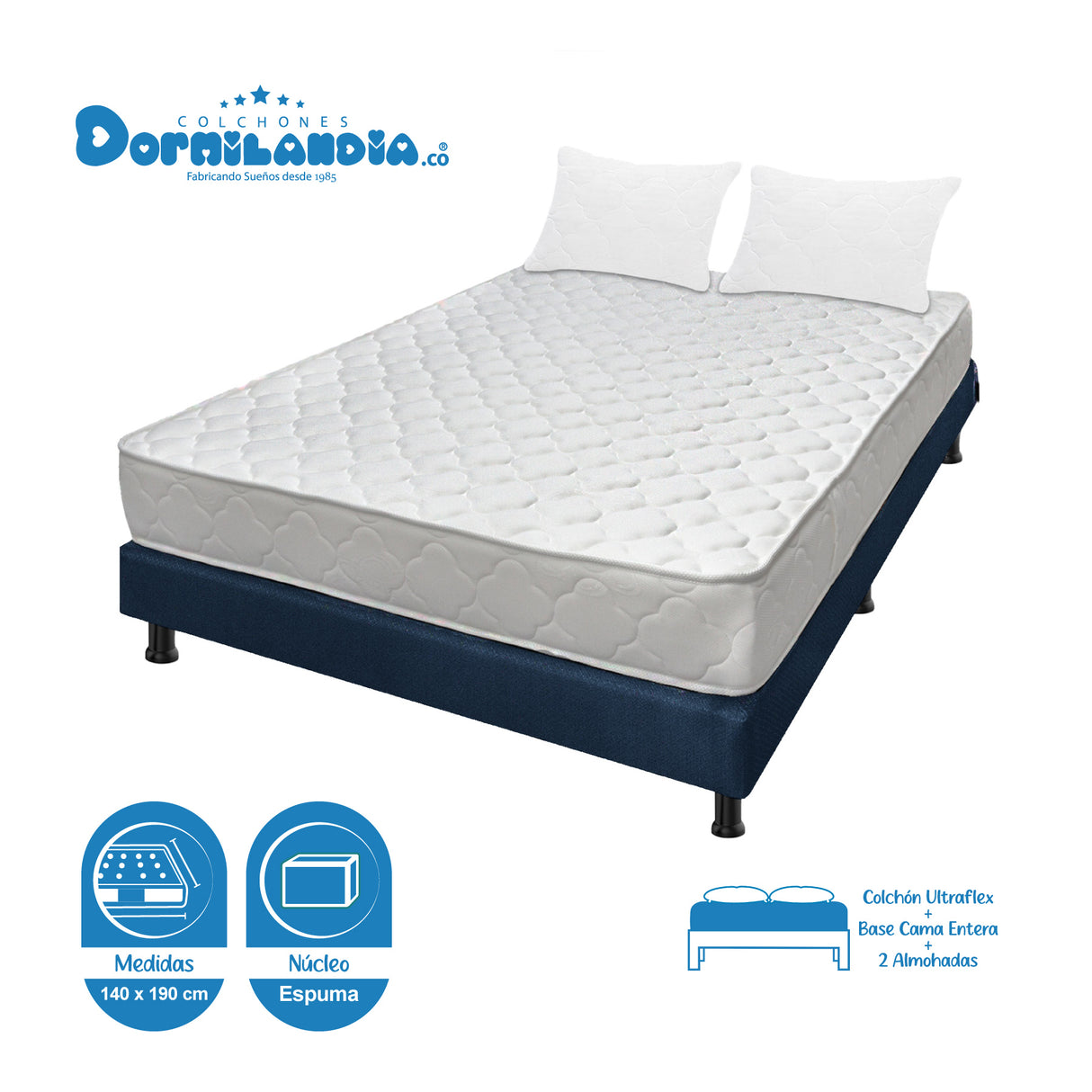 Combo Base Cama y Colchón Ultraflex Blanco y Azul Doble 140 X 190 Cm Firmeza Firme Doble Faz - COLCHONES | Bylmo