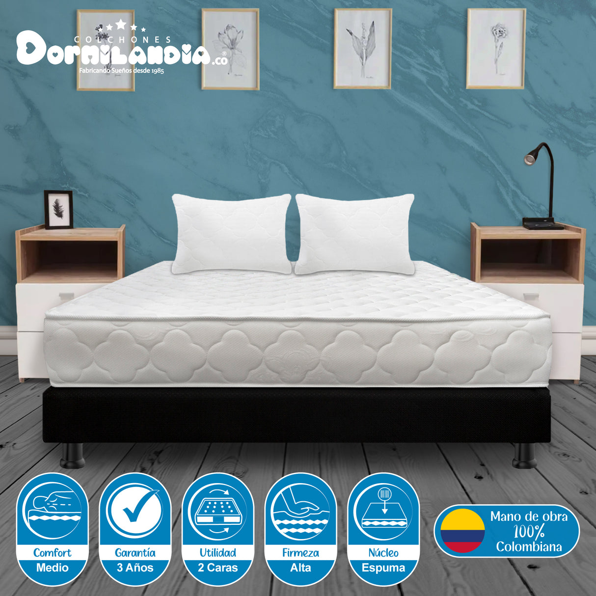 Combo Base Cama y Colchón Ultraflex Blanco y Negro Doble 140 X 190 Cm Firmeza Firme Doble Faz - COLCHONES | Bylmo