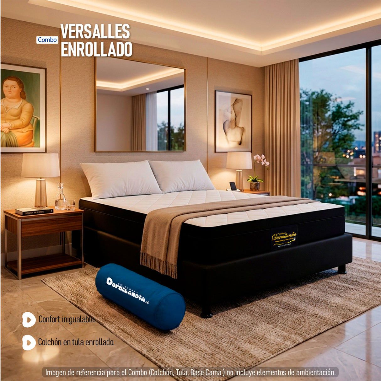 Combo Base Cama y Colchón Enrollado Versalles Blanco y Negro Doble 140 X 190 Cm Firmeza Medio - COLCHONES | Bylmo