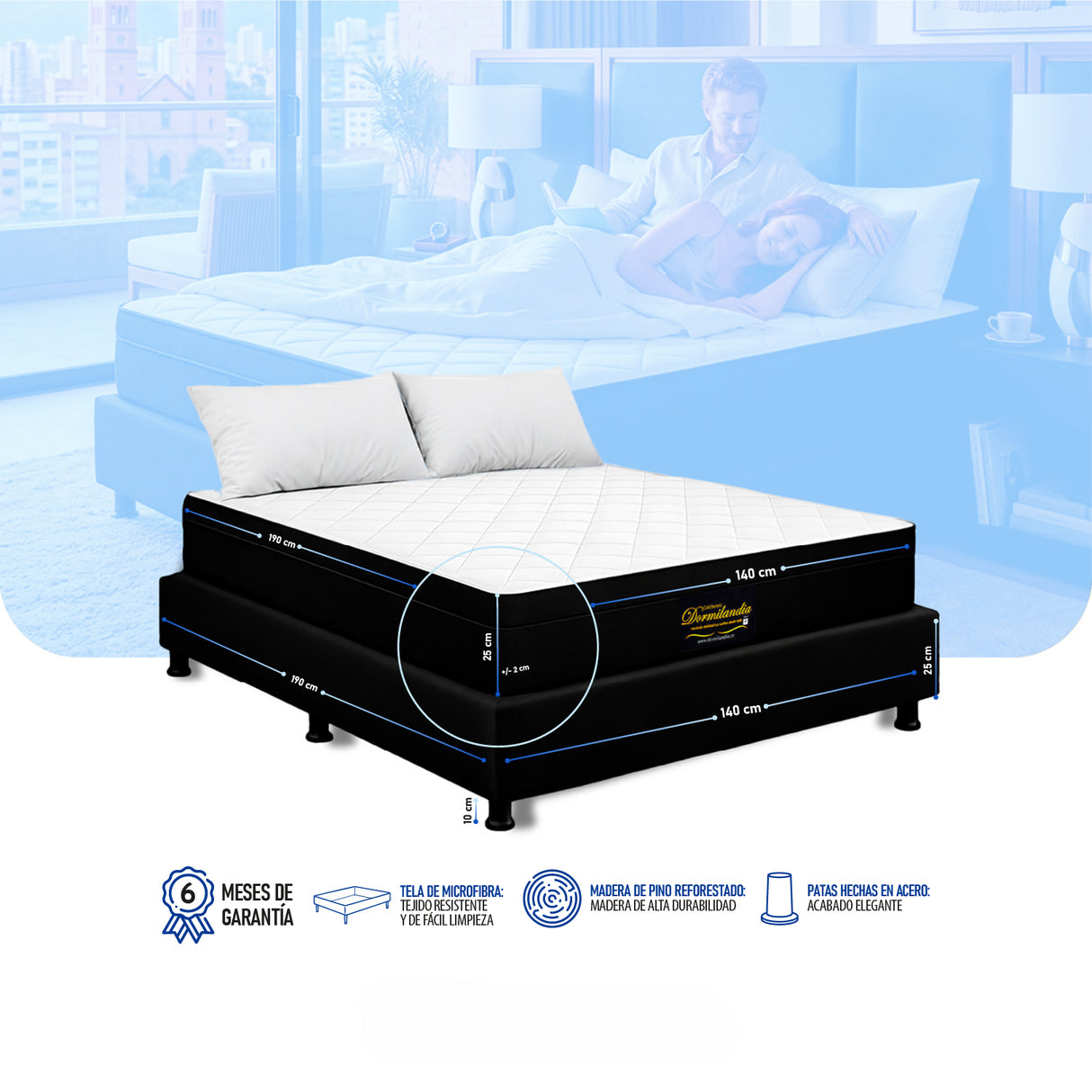 Combo Base Cama y Colchón Enrollado Versalles Blanco y Negro Doble 140 X 190 Cm Firmeza Medio - COLCHONES | Bylmo
