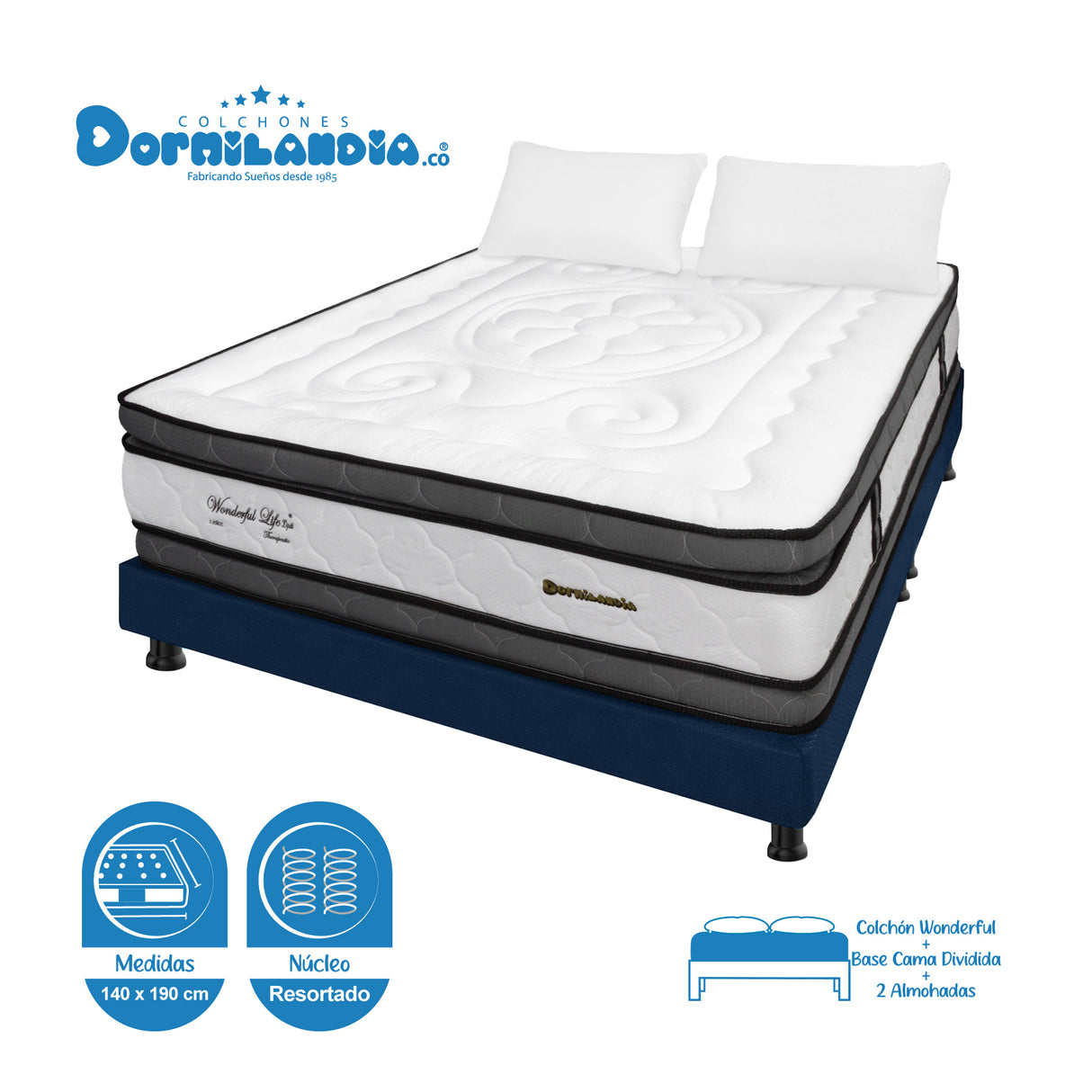 Combo Base Cama y Colchón Wonderful Blanco y Azul Doble 140 X 190 Cm Firmeza Medio Doble Faz - COLCHONES | Bylmo