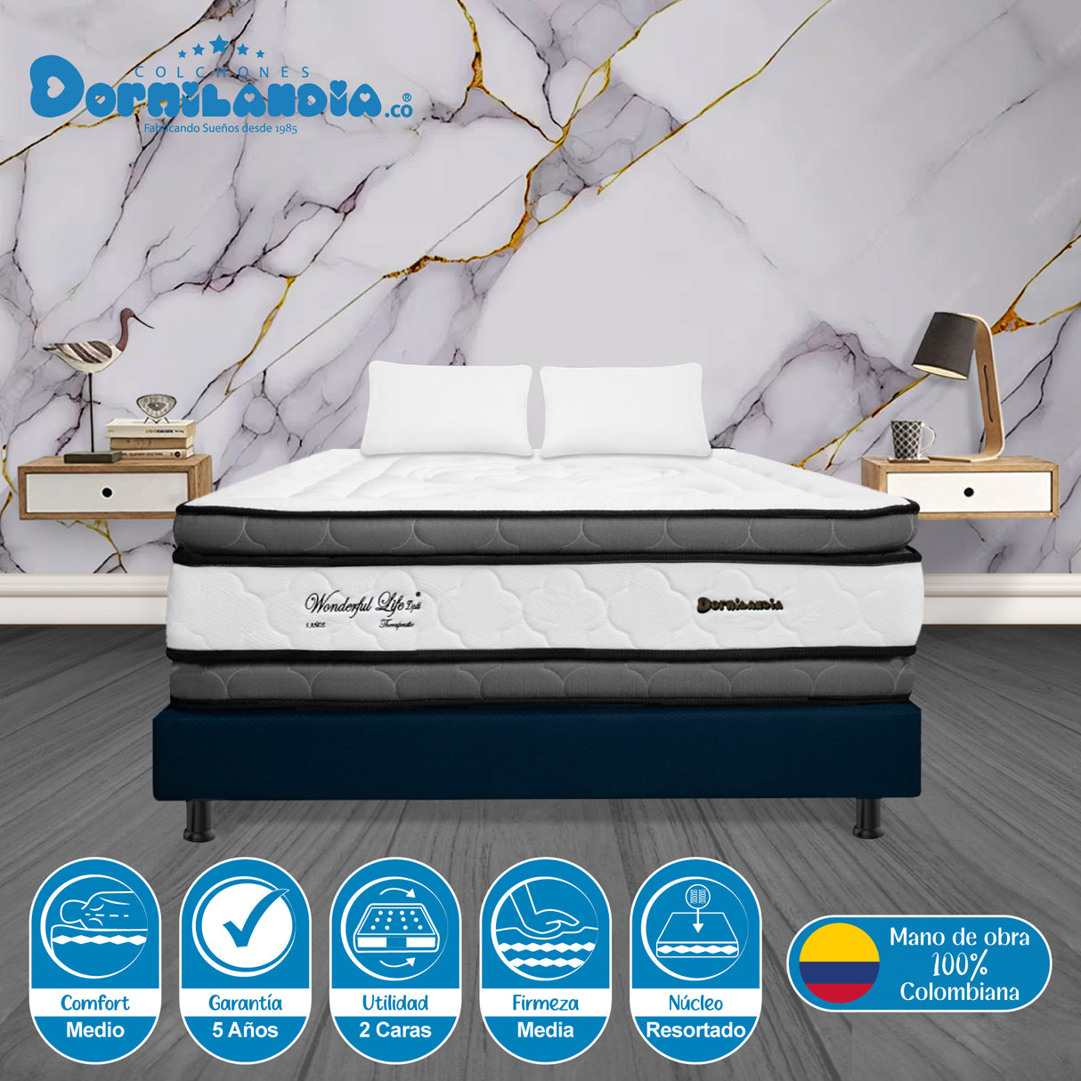 Combo Base Cama y Colchón Wonderful Blanco y Azul King 200 X 200 Cm Firmeza Medio Doble Faz - COLCHONES | Bylmo