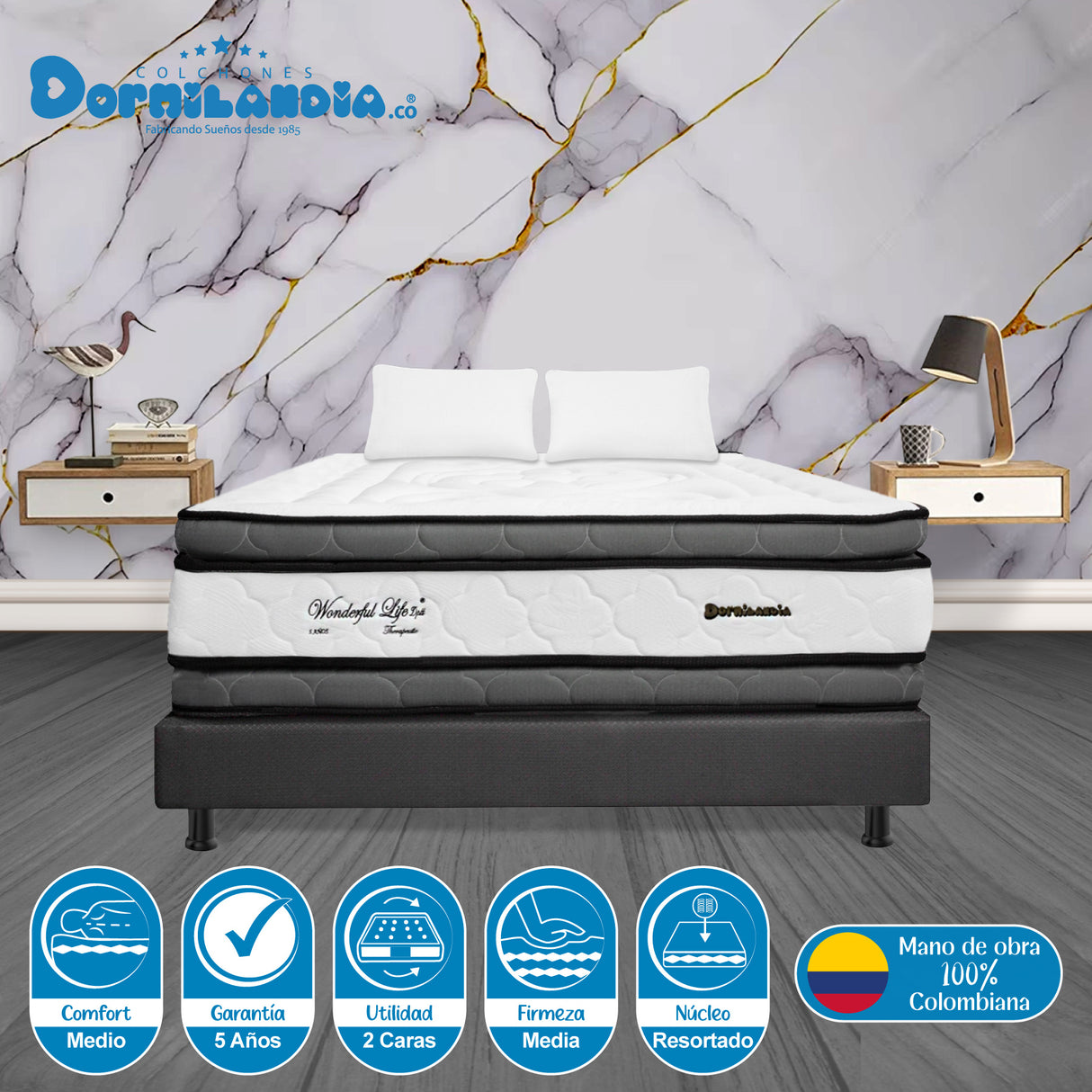 Combo Base Cama y Colchón Wonderful Blanco y Gris Queen 160 X 190 Cm Firmeza Medio Doble Faz - COLCHONES | Bylmo