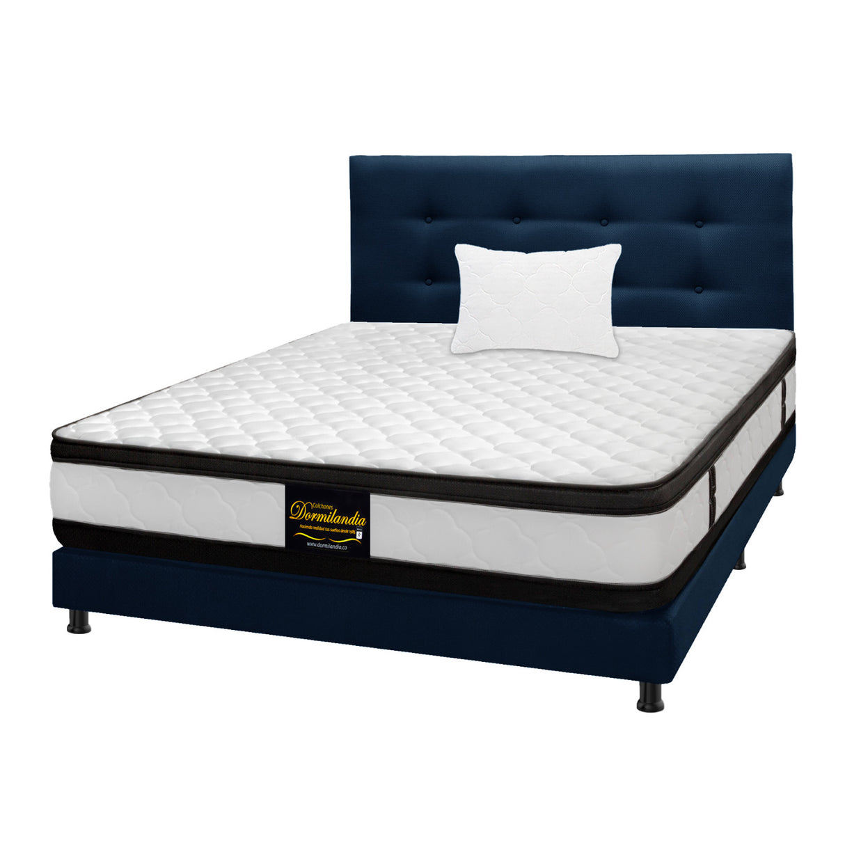 Combo Colchón Atenas Blanco y Azul Sencillo 100 X 190 Cm Firmeza Medio Doble Faz Con Cabecero y Base Cama - COLCHONES | Bylmo