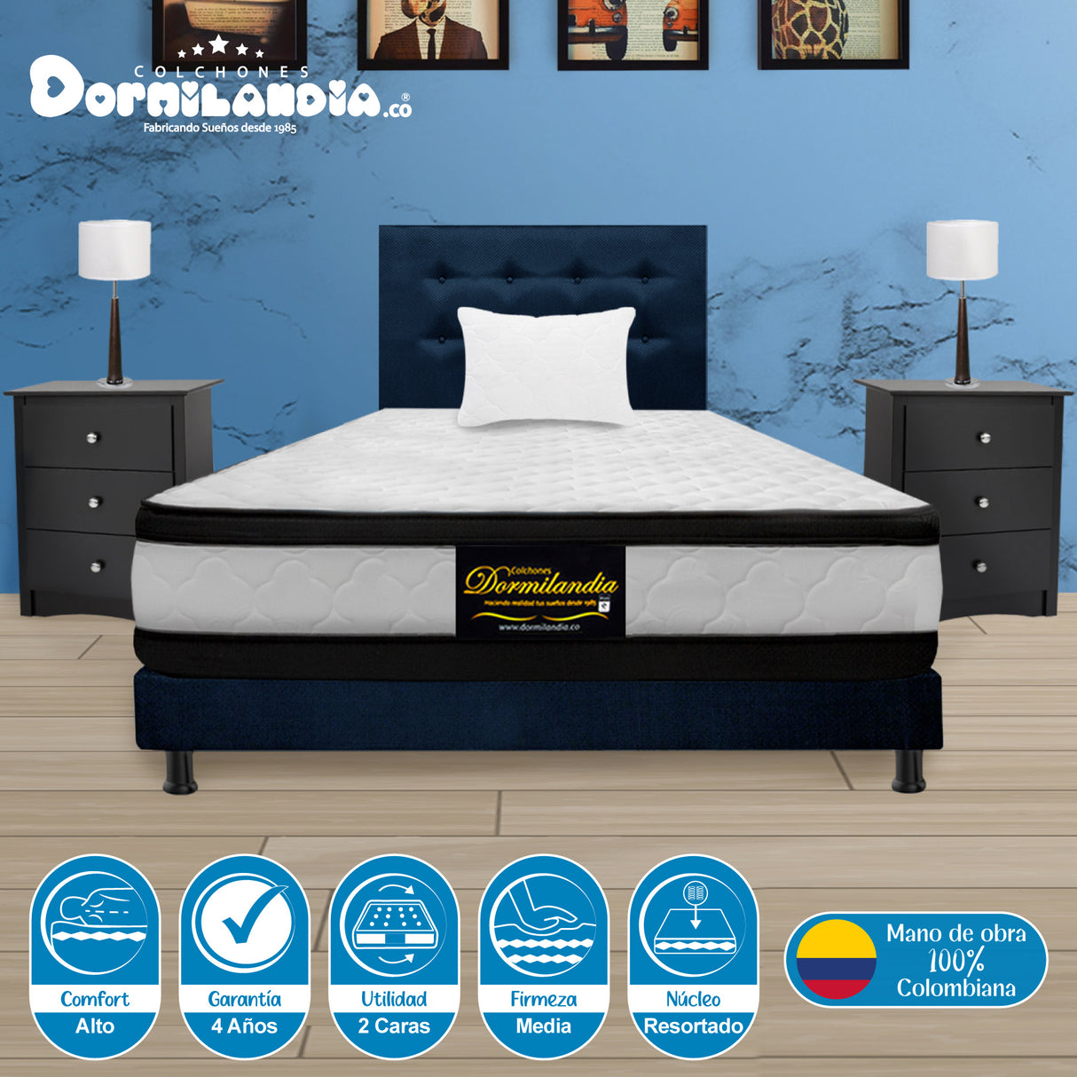 Combo Colchón Atenas Blanco y Azul Sencillo 100 X 190 Cm Firmeza Medio Doble Faz Con Cabecero y Base Cama - COLCHONES | Bylmo