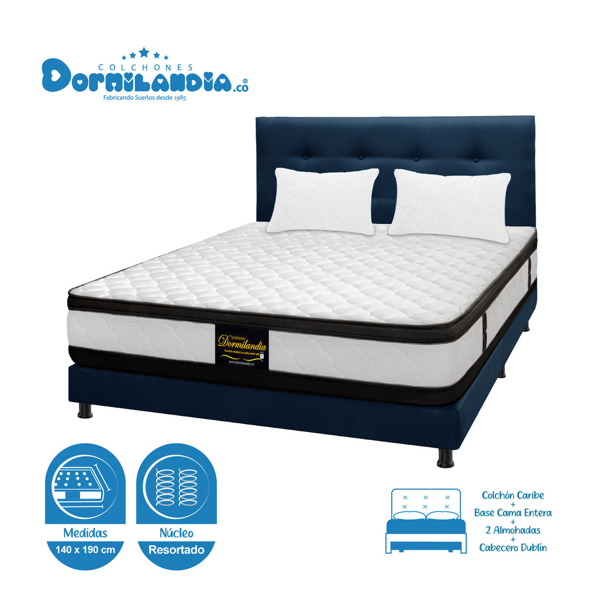 Combo Colchón Atenas Blanco y Azul Doble 140 X 190 Cm Firmeza Medio Doble Faz Con Cabecero y Base Cama - COLCHONES | Bylmo