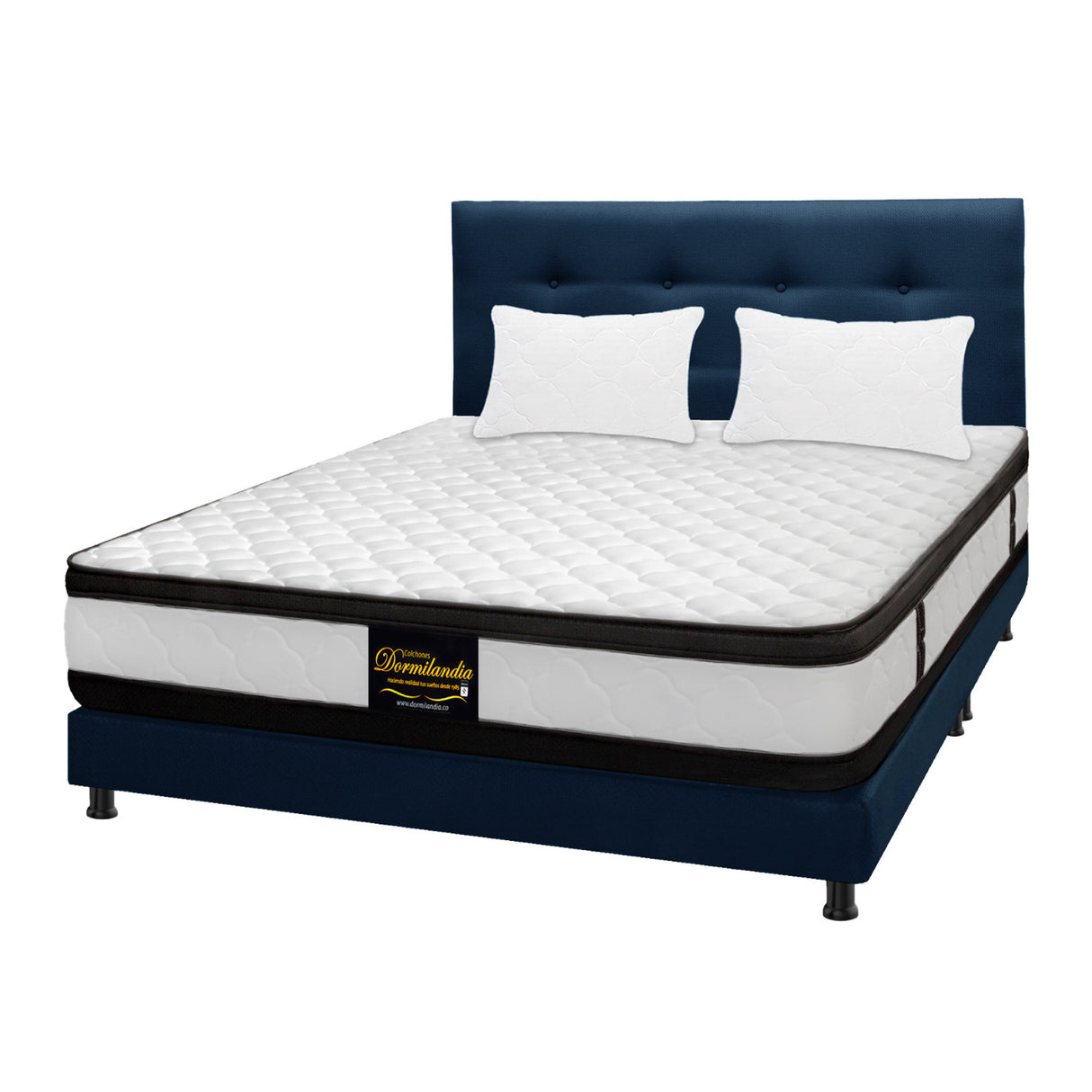 Combo Colchón Atenas Blanco y Azul King 200 X 200 Cm Firmeza Medio Doble Faz Con Cabecero y Base Cama - COLCHONES | Bylmo