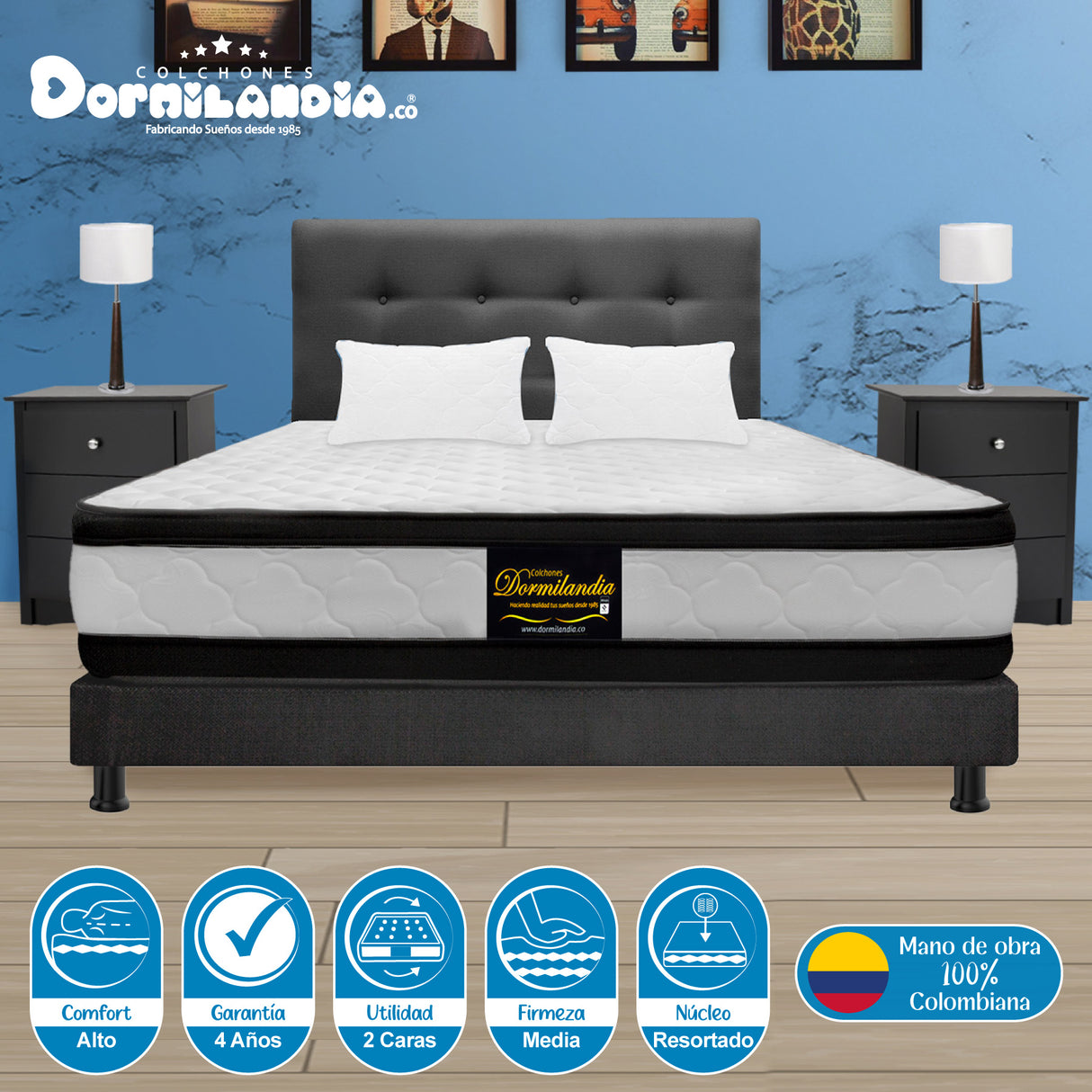 Combo Colchón Atenas Blanco y Gris Queen 160 X 190 Cm Firmeza Medio Doble Faz Con Cabecero y Base Cama - COLCHONES | Bylmo