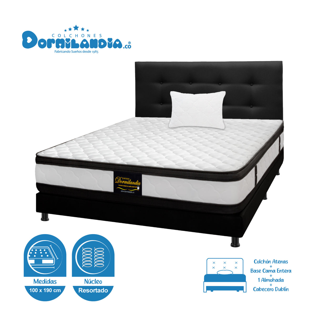 Combo Colchón Atenas Blanco y Negro Sencillo 100 X 190 Cm Firmeza Medio Doble Faz Con Cabecero y Base Cama - COLCHONES | Bylmo