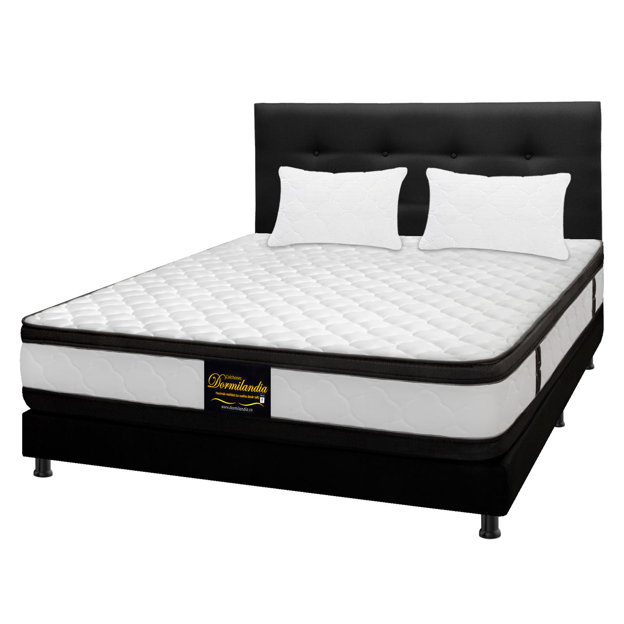 Combo Colchón Atenas Blanco y Negro Semidoble 120 X 190 Cm Firmeza Medio Doble Faz Con Cabecero y Base Cama - COLCHONES | Bylmo