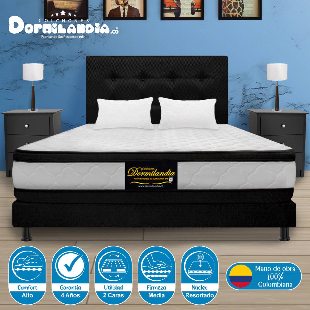 Combo Colchón Atenas Blanco y Negro Semidoble 120 X 190 Cm Firmeza Medio Doble Faz Con Cabecero y Base Cama - COLCHONES | Bylmo