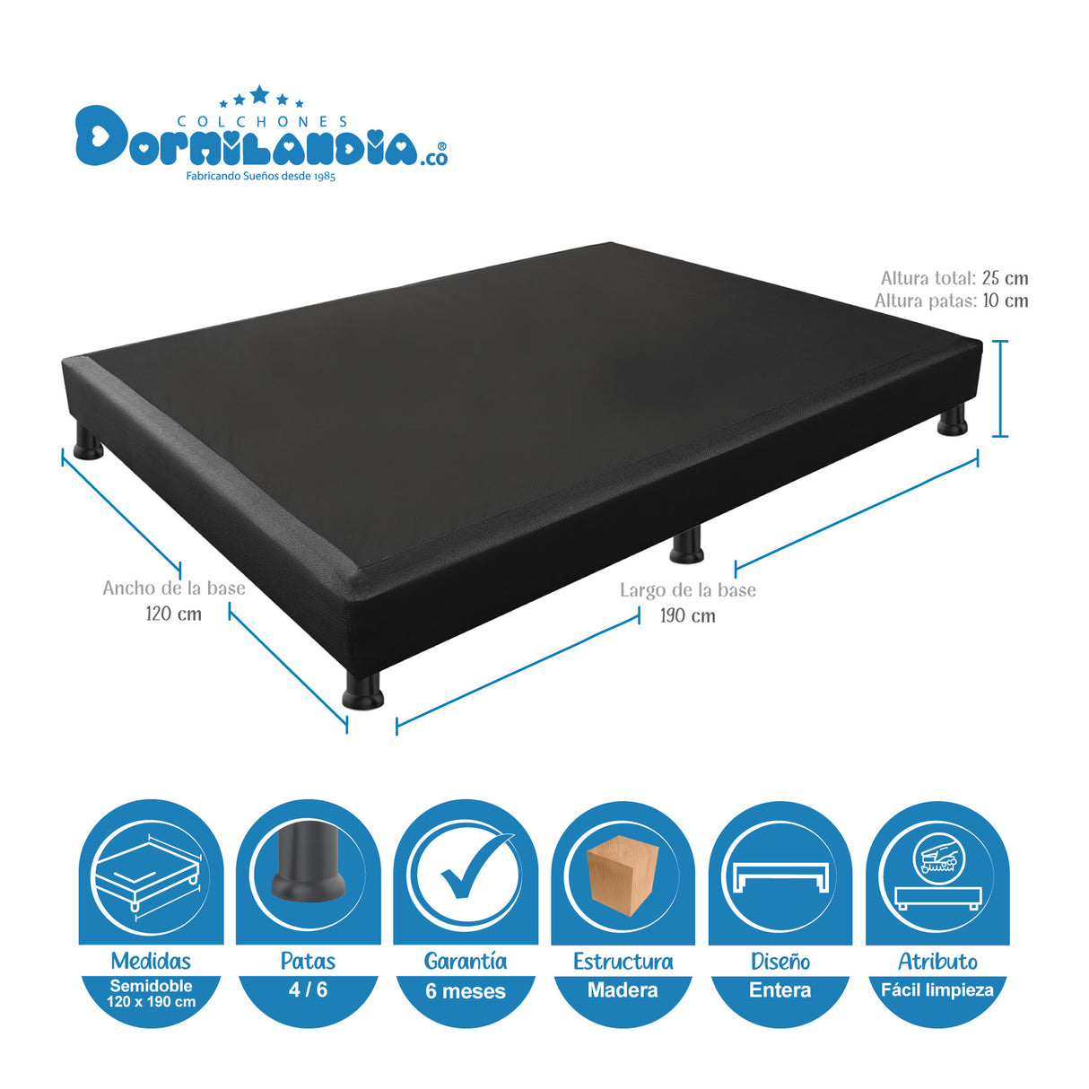 Combo Colchón Atenas Blanco y Negro Semidoble 120 X 190 Cm Firmeza Medio Doble Faz Con Cabecero y Base Cama - COLCHONES | Bylmo