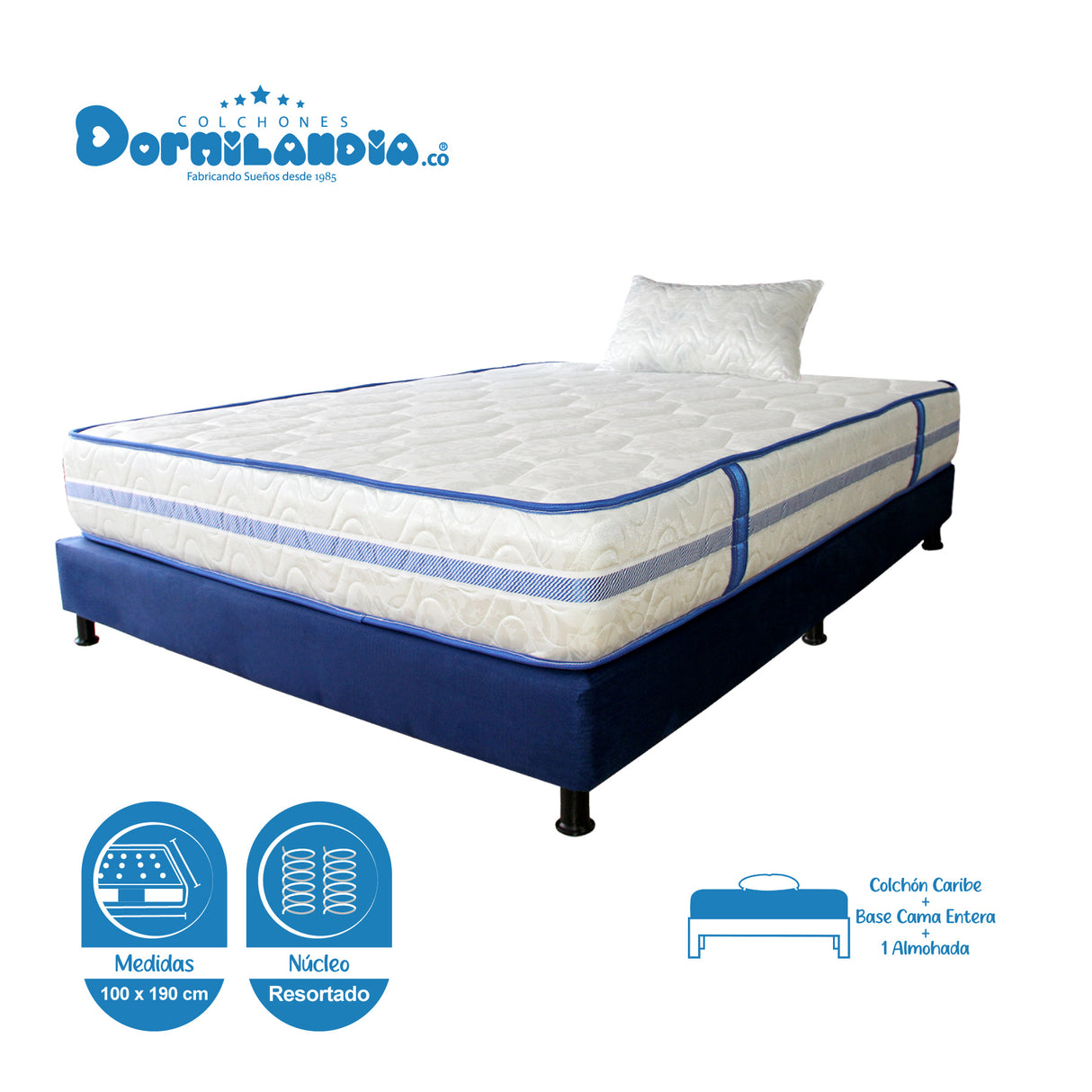 Combo Colchón Caribe Blanco y Azul Sencillo 100 X 190 Cm Firmeza Suave Doble Faz Con Cabecero y Base Cama - COLCHONES | Bylmo