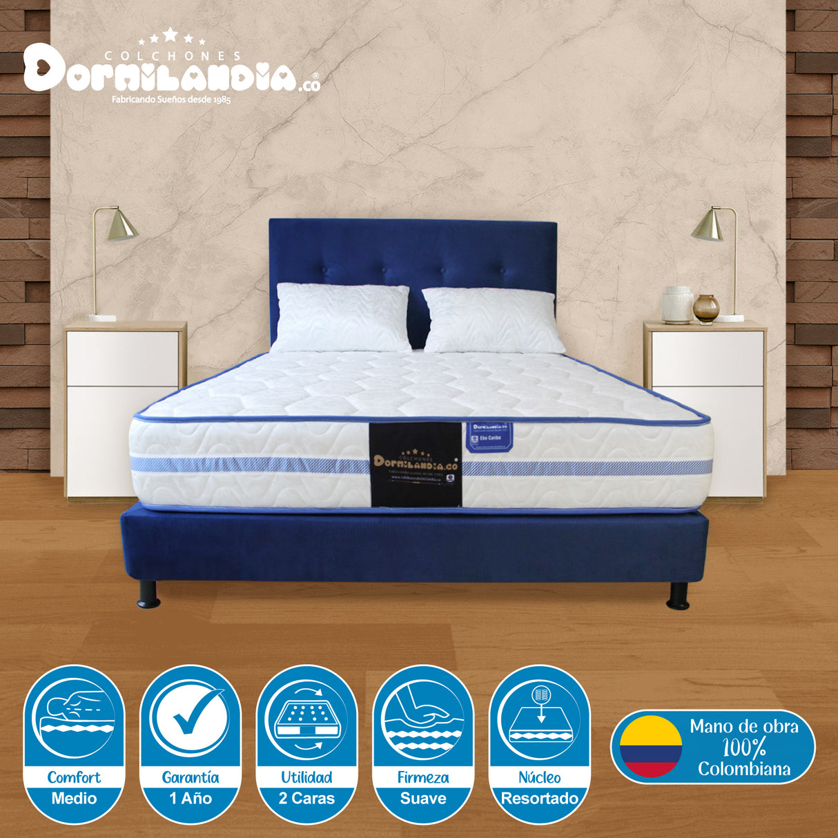 Combo Colchón Caribe Blanco y Azul Semidoble 120 X 190 Cm Firmeza Suave Doble Faz Con Cabecero y Base Cama - COLCHONES | Bylmo