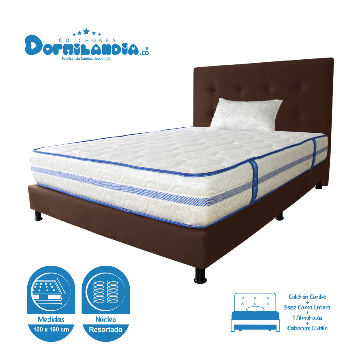 Combo Colchón Caribe Blanco y Cafe Sencillo 100 X 190 Cm Firmeza Suave Doble Faz Con Cabecero y Base Cama - COLCHONES | Bylmo