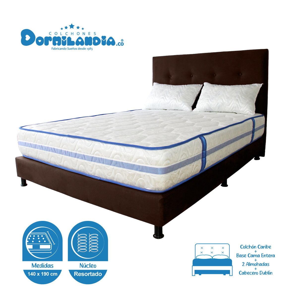 Combo Colchón Caribe Blanco y Cafe Doble 140 X 190 Cm Firmeza Suave Doble Faz Con Cabecero y Base Cama - COLCHONES | Bylmo