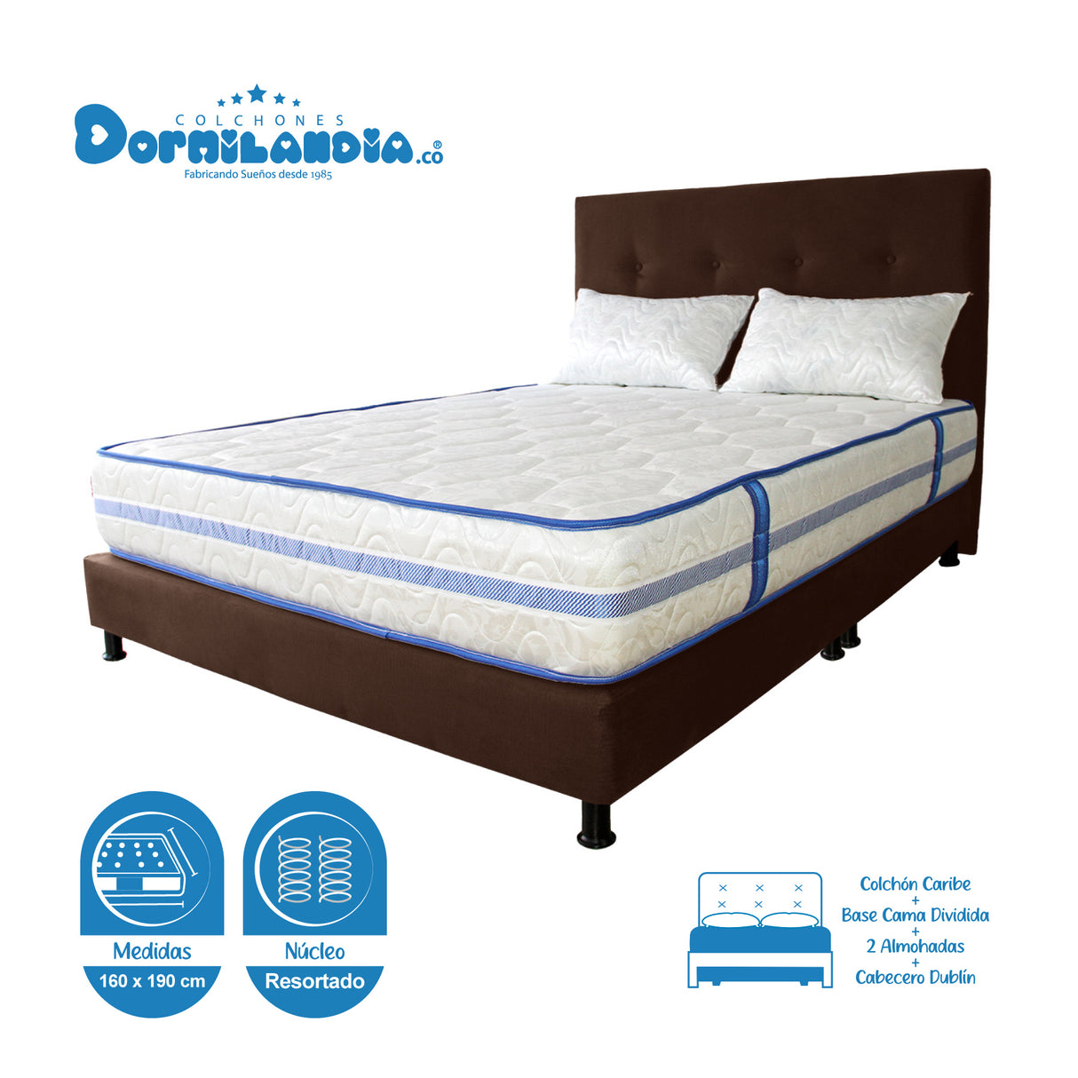 Combo Colchón Caribe Blanco y Cafe Queen 160 X 190 Cm Firmeza Suave Doble Faz Con Cabecero y Base Cama - COLCHONES | Bylmo
