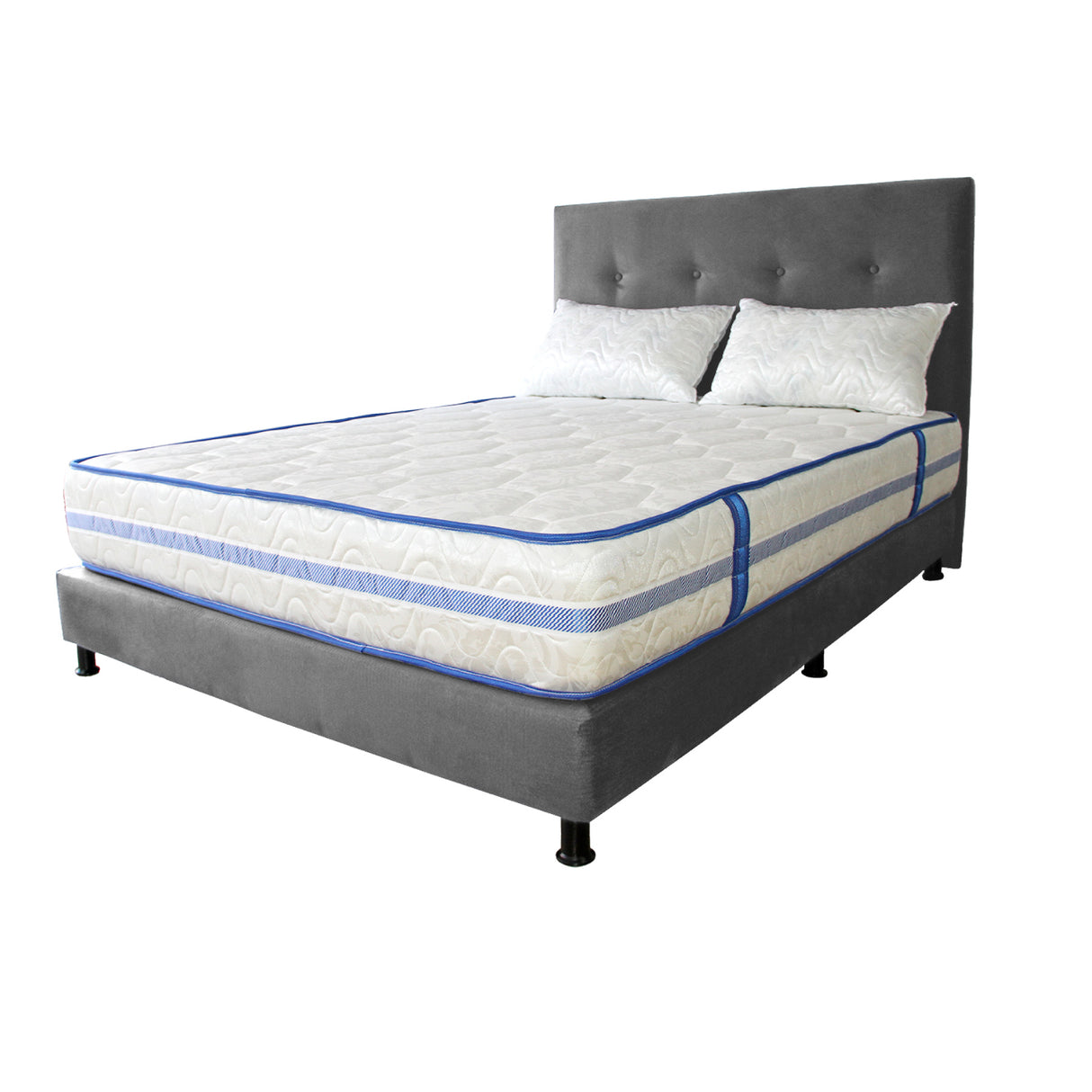 Combo Colchón Caribe Blanco y Gris Doble 140 X 190 Cm Firmeza Suave Doble Faz Con Cabecero y Base Cama - COLCHONES | Bylmo