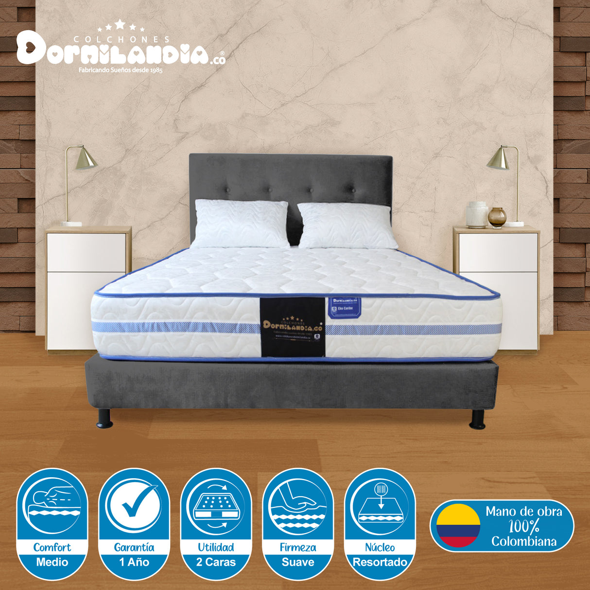 Combo Colchón Caribe Blanco y Gris Doble 140 X 190 Cm Firmeza Suave Doble Faz Con Cabecero y Base Cama - COLCHONES | Bylmo