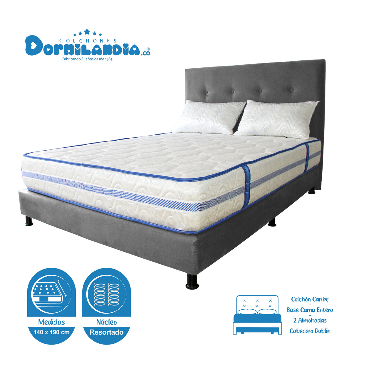Combo Colchón Caribe Blanco y Gris Doble 140 X 190 Cm Firmeza Suave Doble Faz Con Cabecero y Base Cama - COLCHONES | Bylmo