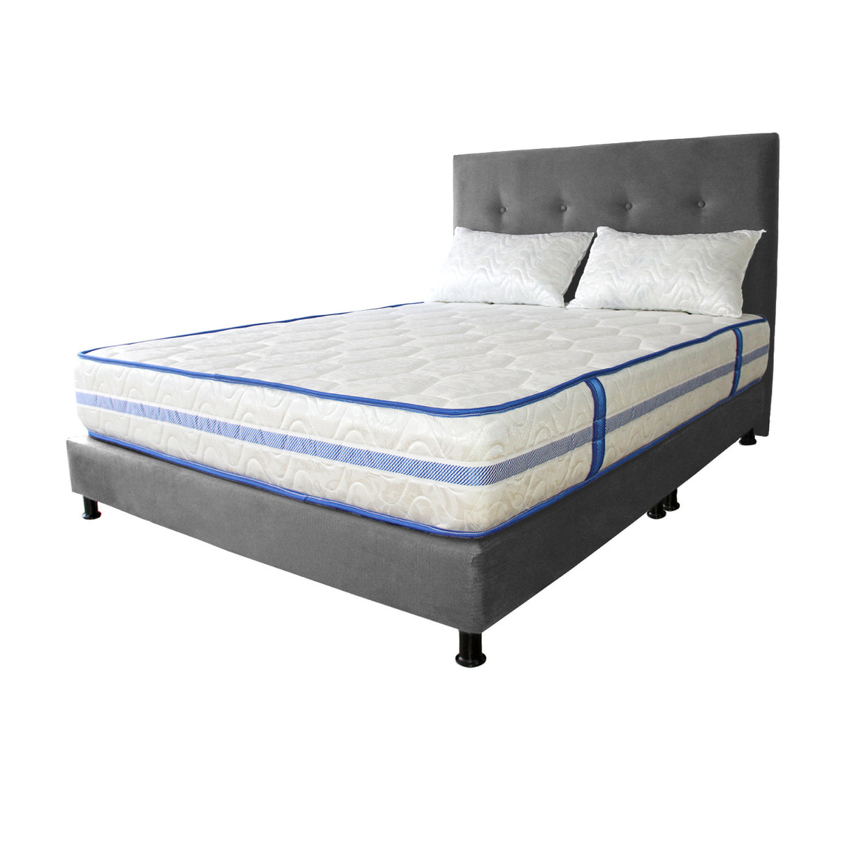 Combo Colchón Caribe Blanco y Gris Queen 160 X 190 Cm Firmeza Suave Doble Faz Con Cabecero y Base Cama - COLCHONES | Bylmo