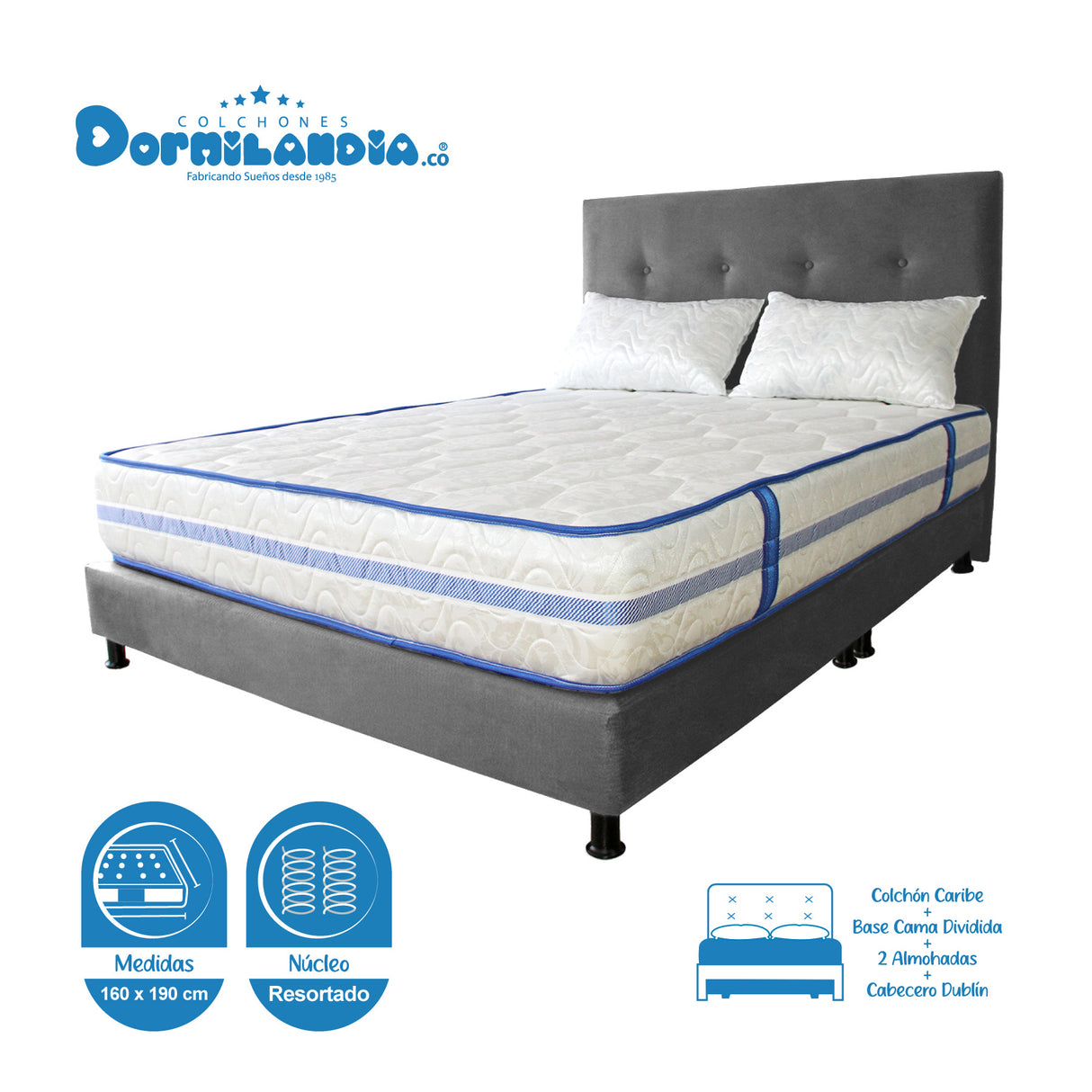 Combo Colchón Caribe Blanco y Gris Queen 160 X 190 Cm Firmeza Suave Doble Faz Con Cabecero y Base Cama - COLCHONES | Bylmo