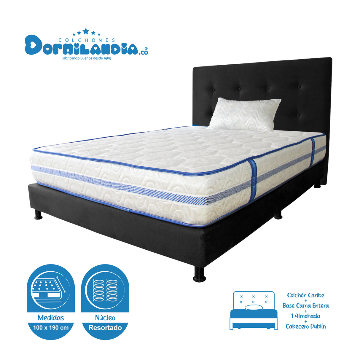 Combo Colchón Caribe Blanco y Negro Sencillo 100 X 190 Cm Firmeza Suave Doble Faz Con Cabecero y Base Cama - COLCHONES | Bylmo