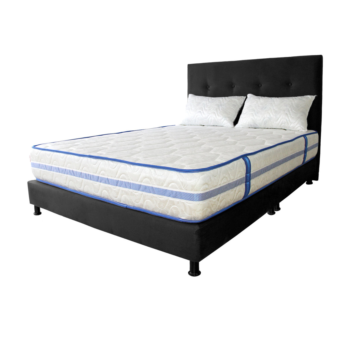 Combo Colchón Caribe Blanco y Negro Queen 160 X 190 Cm Firmeza Suave Doble Faz Con Cabecero y Base Cama - COLCHONES | Bylmo