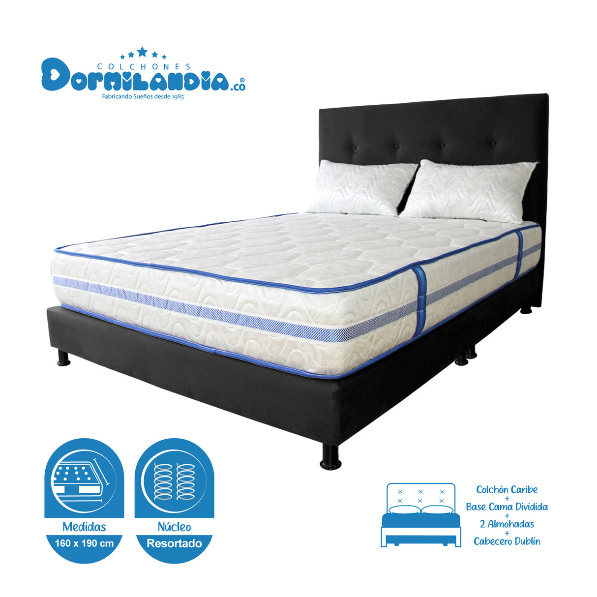 Combo Colchón Caribe Blanco y Negro Queen 160 X 190 Cm Firmeza Suave Doble Faz Con Cabecero y Base Cama - COLCHONES | Bylmo