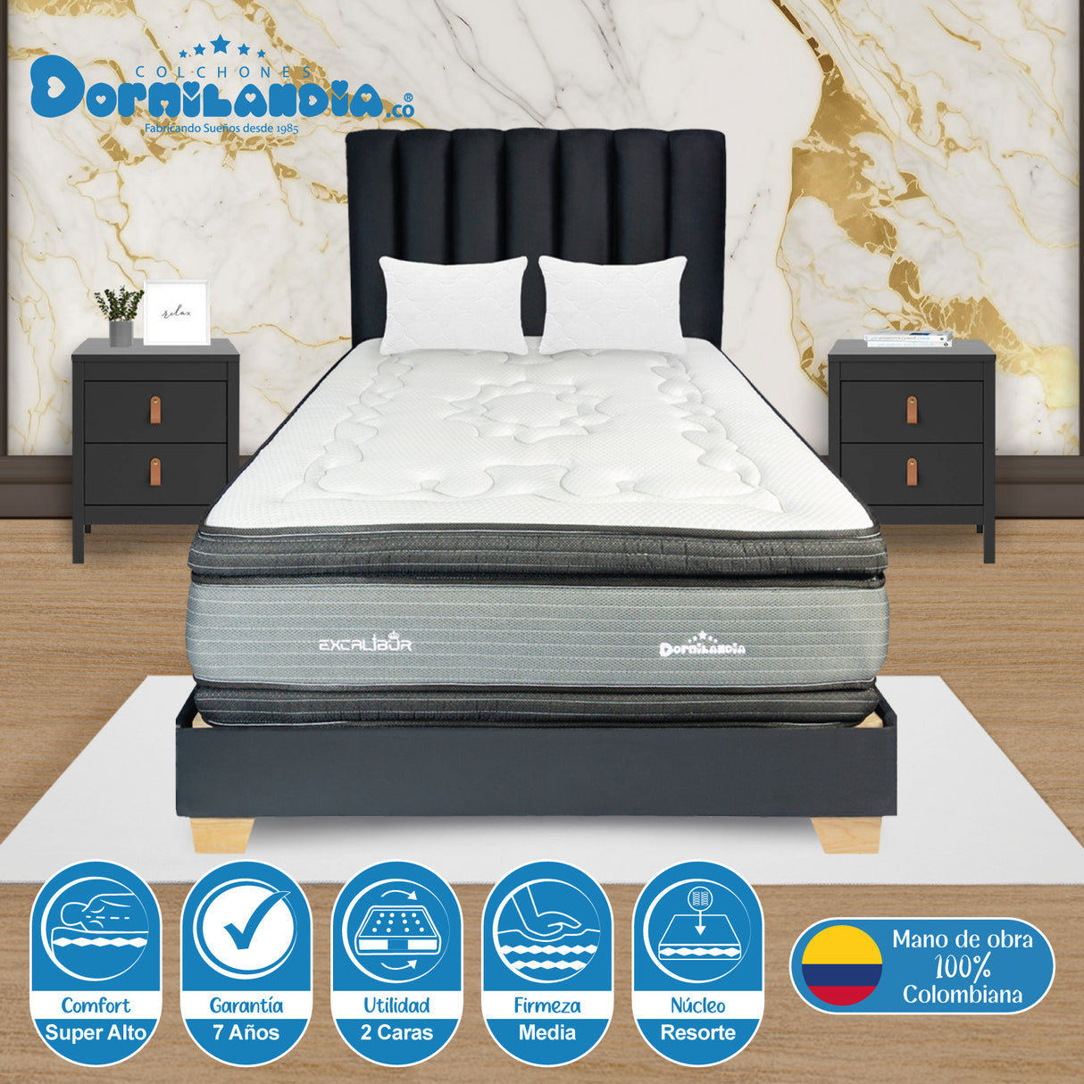 Combo Colchón Excalibur Gris y Arena Queen 160 X 190 Cm Firmeza Medio Doble Faz Con Cabecero y Base Cama - COLCHONES | Bylmo
