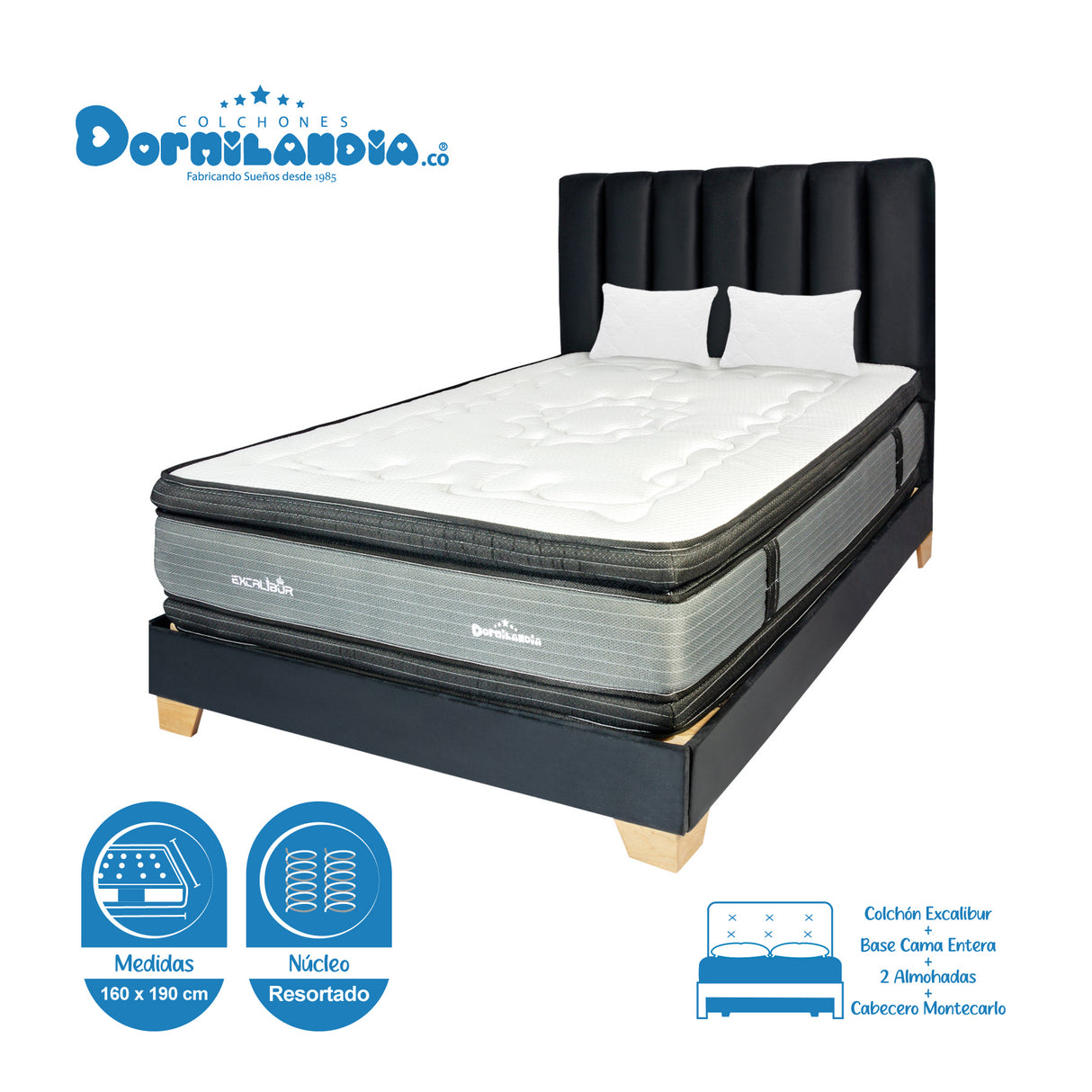 Combo Colchón Excalibur Gris y Arena Queen 160 X 190 Cm Firmeza Medio Doble Faz Con Cabecero y Base Cama - COLCHONES | Bylmo